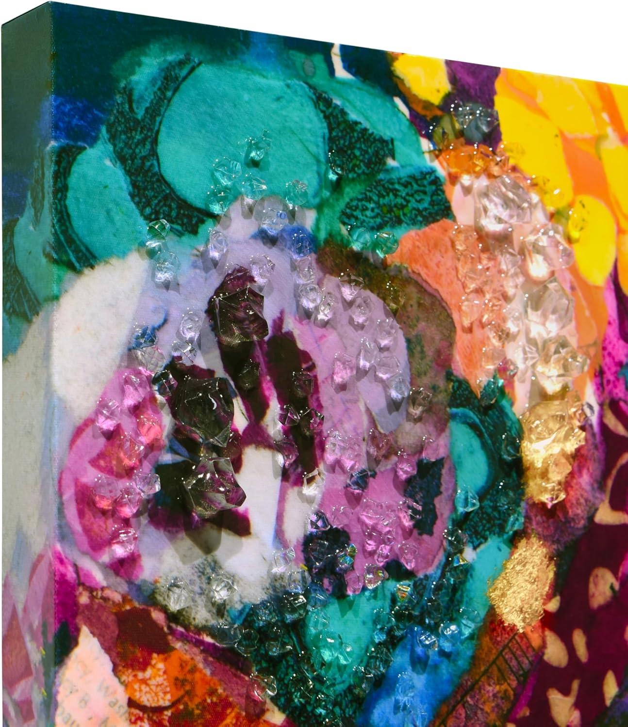 "Floral Radiance I" Crystallus Epoxy Coated Wrapped Glossy Canvas Wall Art with Heavy Acrylic Crystal Shards Embellishments,