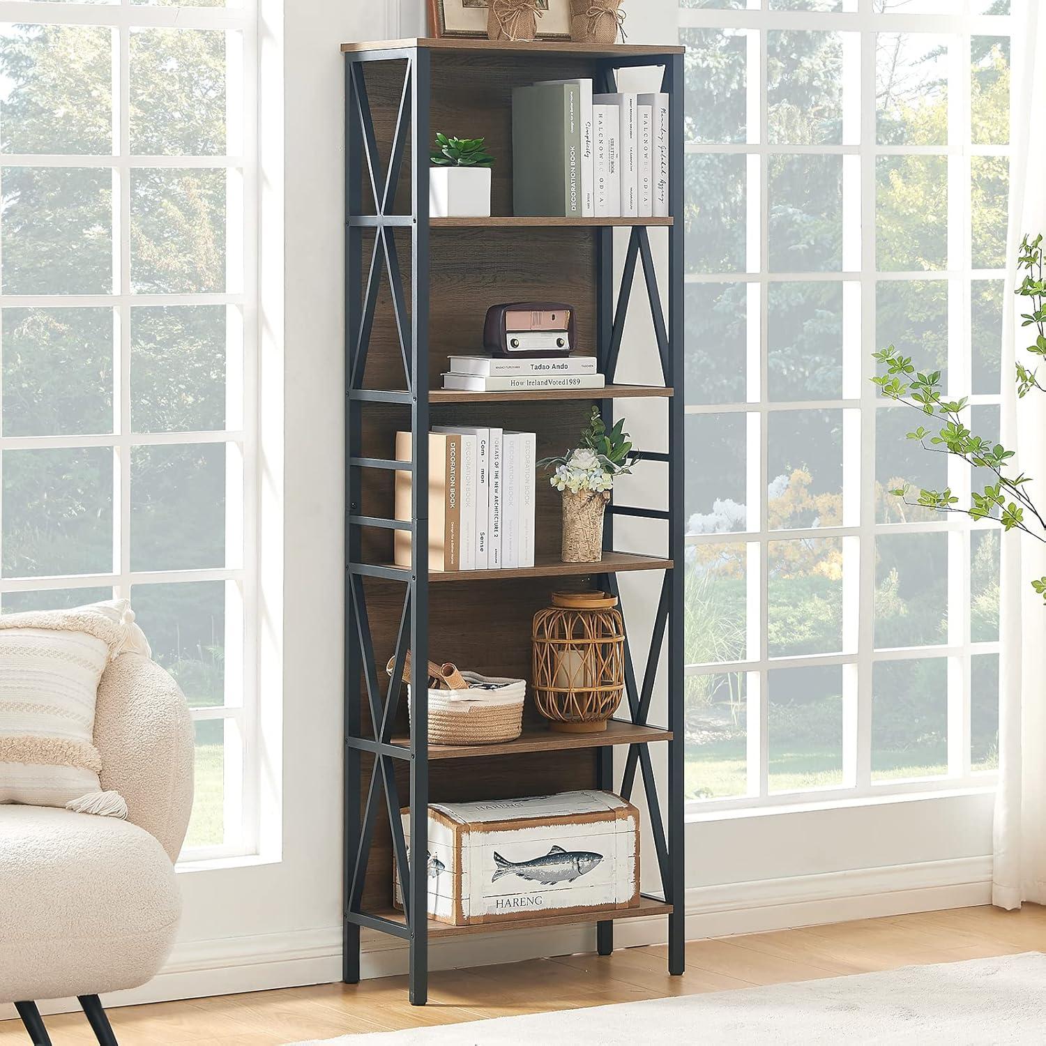 Vintage Brown 6-Tier Adjustable Industrial Bookshelf