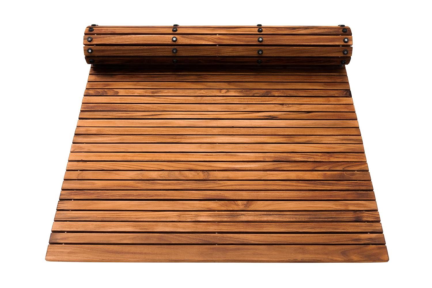 Nordic Teak 59" x 35" Extra Large Oiled Shower and Bath String Mat with Rubber Footing - Brown