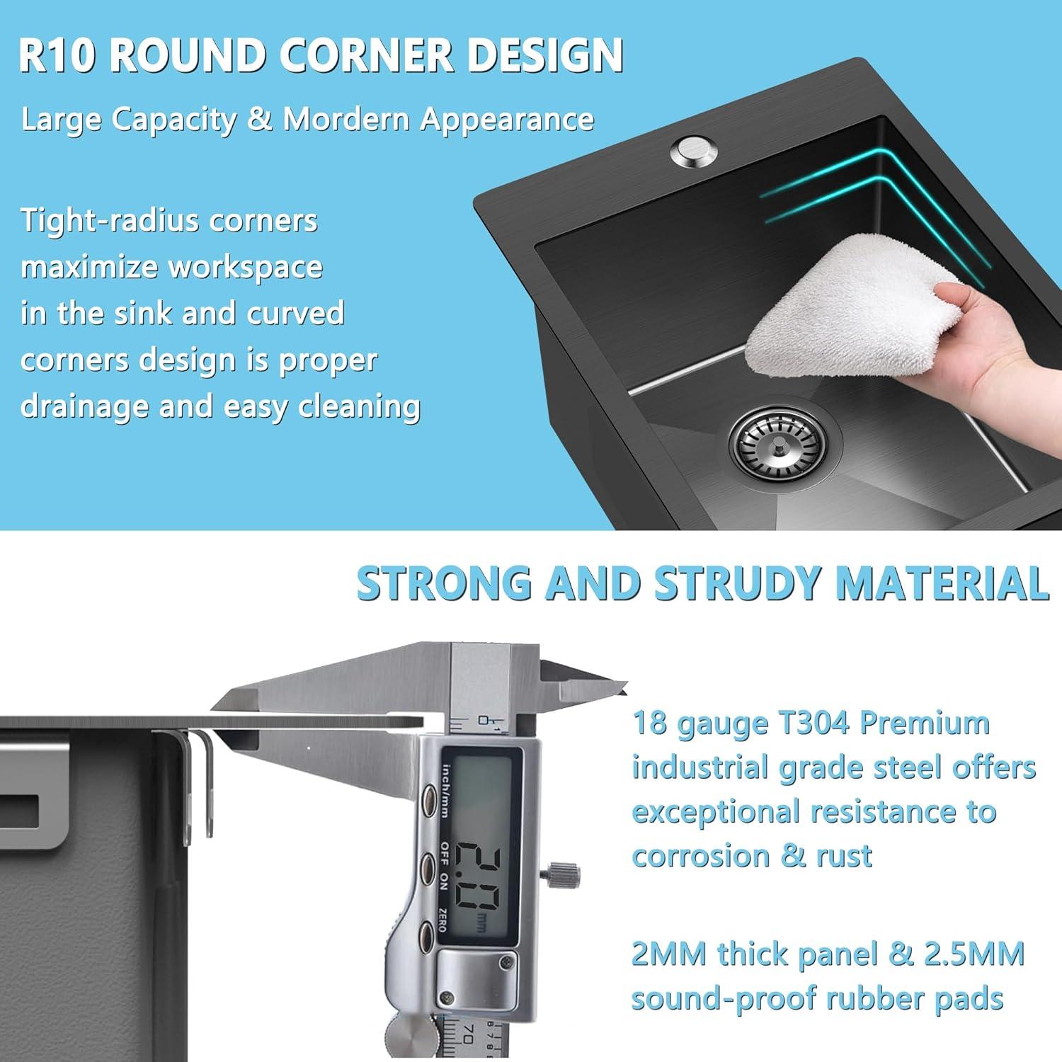 15x20 Inch Drop In Bar Sink Black, 15 Inch Gunmetal Black Small Kitchen Sink 18 Gauge Single Bowl Topmount Stainless Steel Wet Bar Sink with Basket Strainer Drain & Bottom Grid