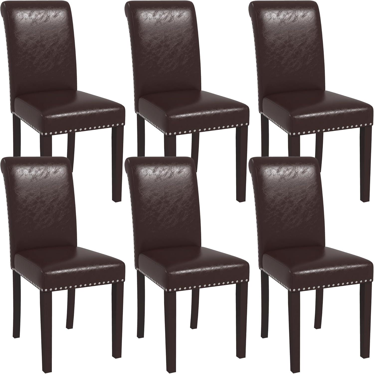 Westice Dining Room Chairs Set of 6 Upholstered PU Leather Kitchen Chairs Dining Room Side Chair with Nailhead Trim and Rubber Wood Legs for Small Space Apartment, Brown