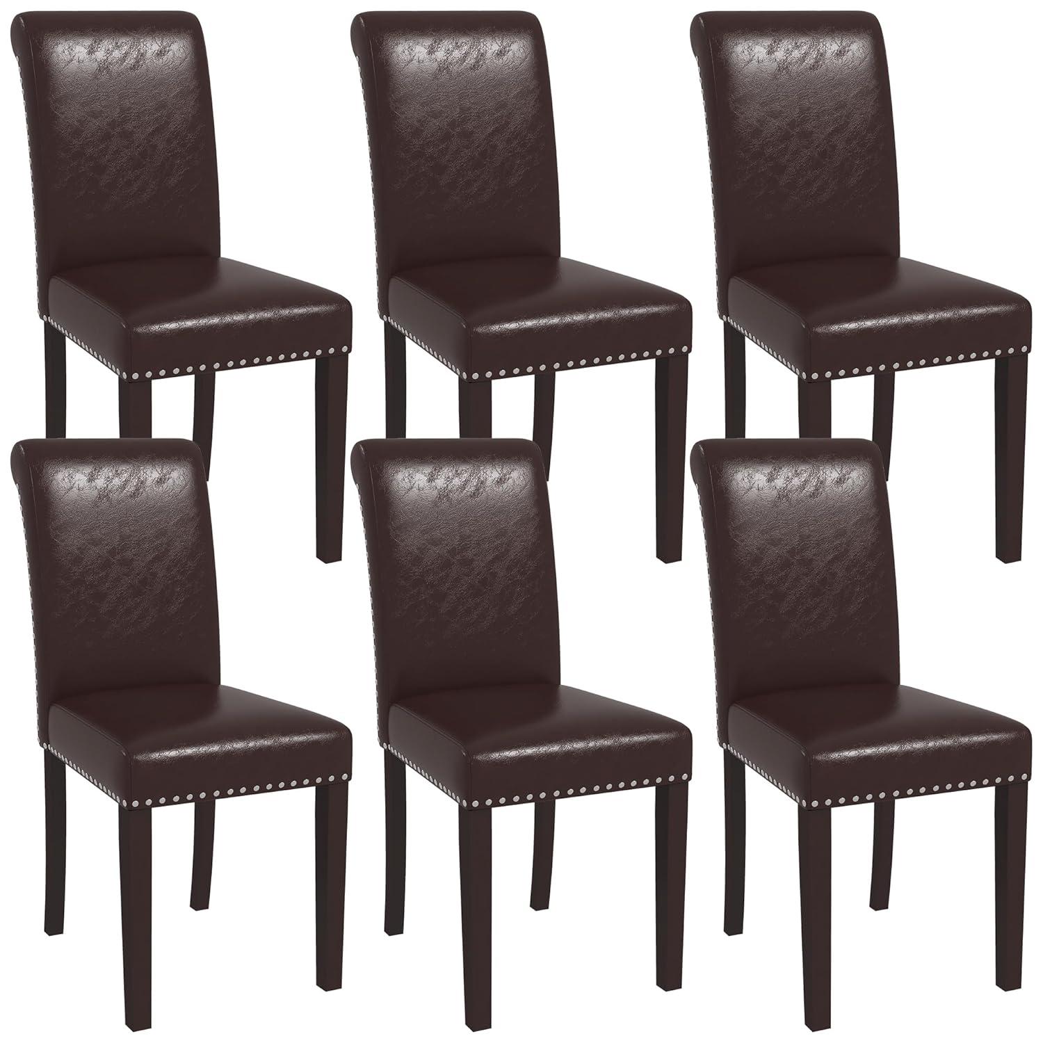 Westice Dining Room Chairs Set of 6 Upholstered PU Leather Kitchen Chairs Dining Room Side Chair with Nailhead Trim and Rubber Wood Legs for Small Space Apartment, Brown