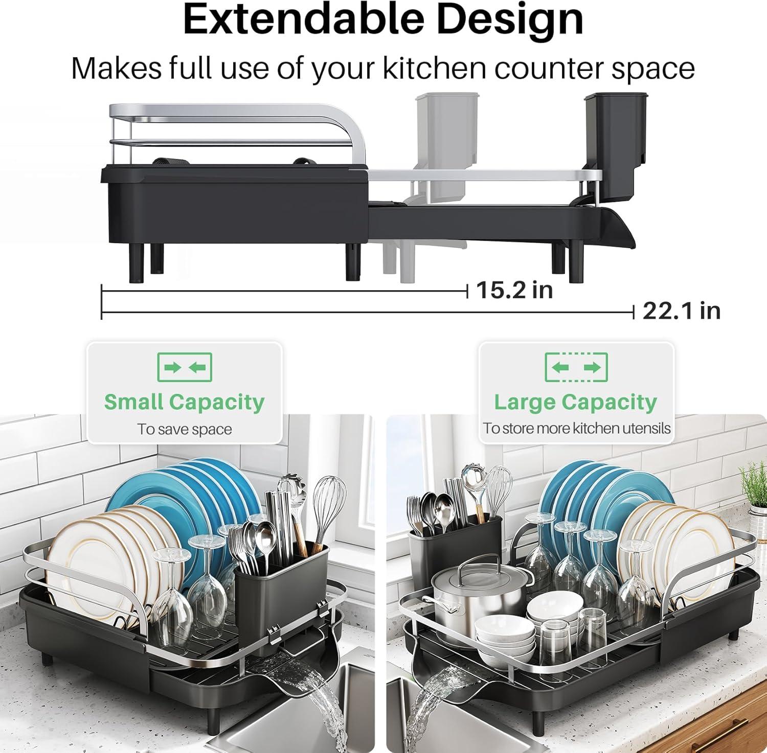 Fabhob Expandable Dish Rack for Kitchen Counter, Stainless Steel Dish Drainer with Drainboard Set and Utensil Holder