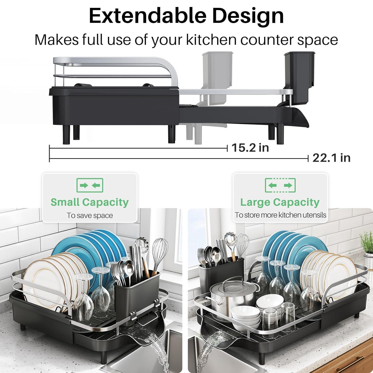 Fabhob Expandable Dish Rack for Kitchen Counter, Stainless Steel Dish Drainer with Drainboard Set and Utensil Holder