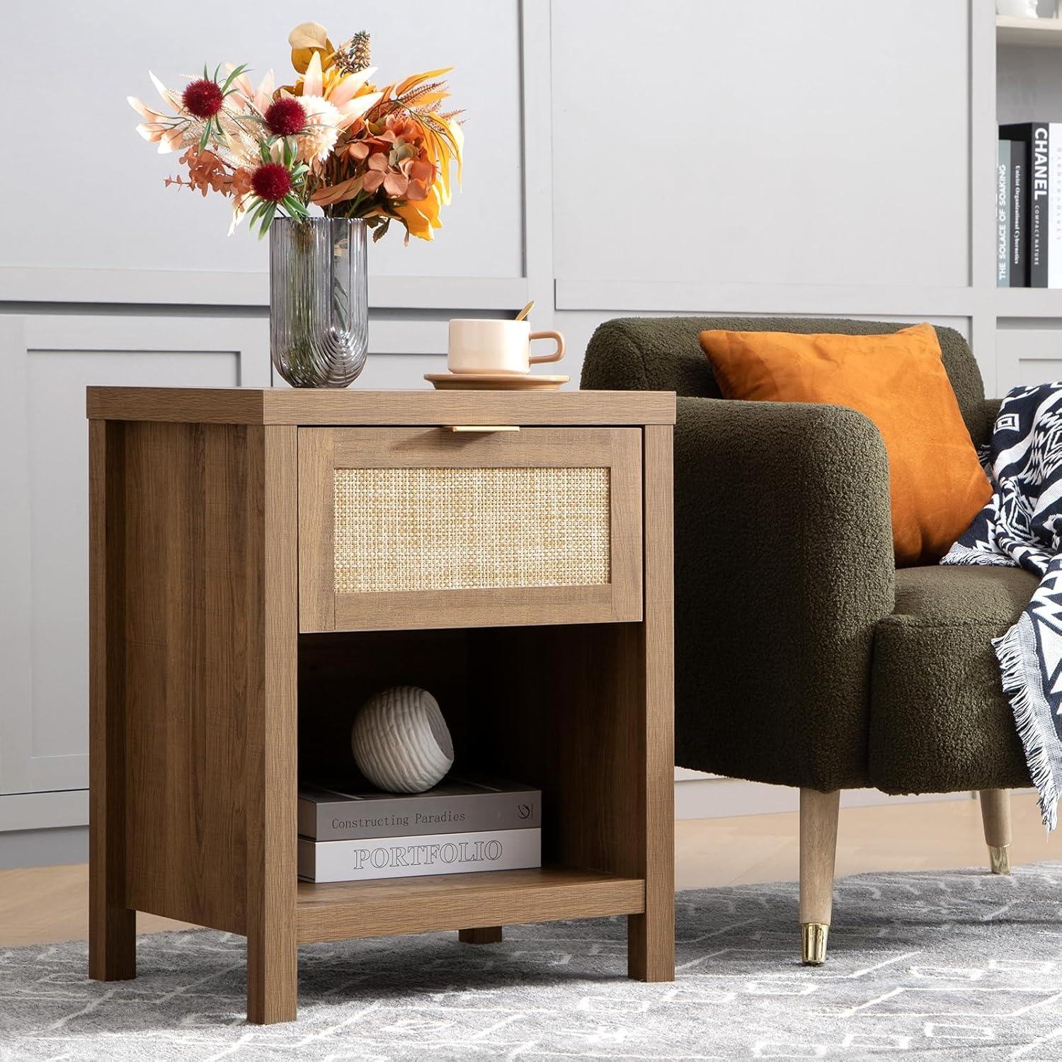SICOTAS Rattan Nightstands Set of 2 - Farmhouse Night Stand with Drawer and Storage Shelf - Boho Bedside Table End Side Table for Bedroom, Oak