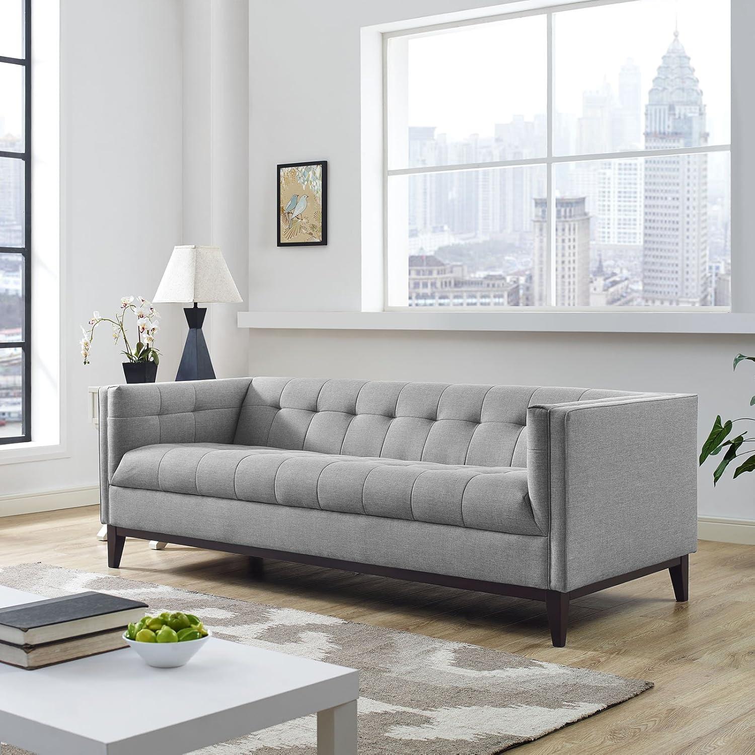 Elegant Light Gray Tufted Fabric Tuxedo Sofa