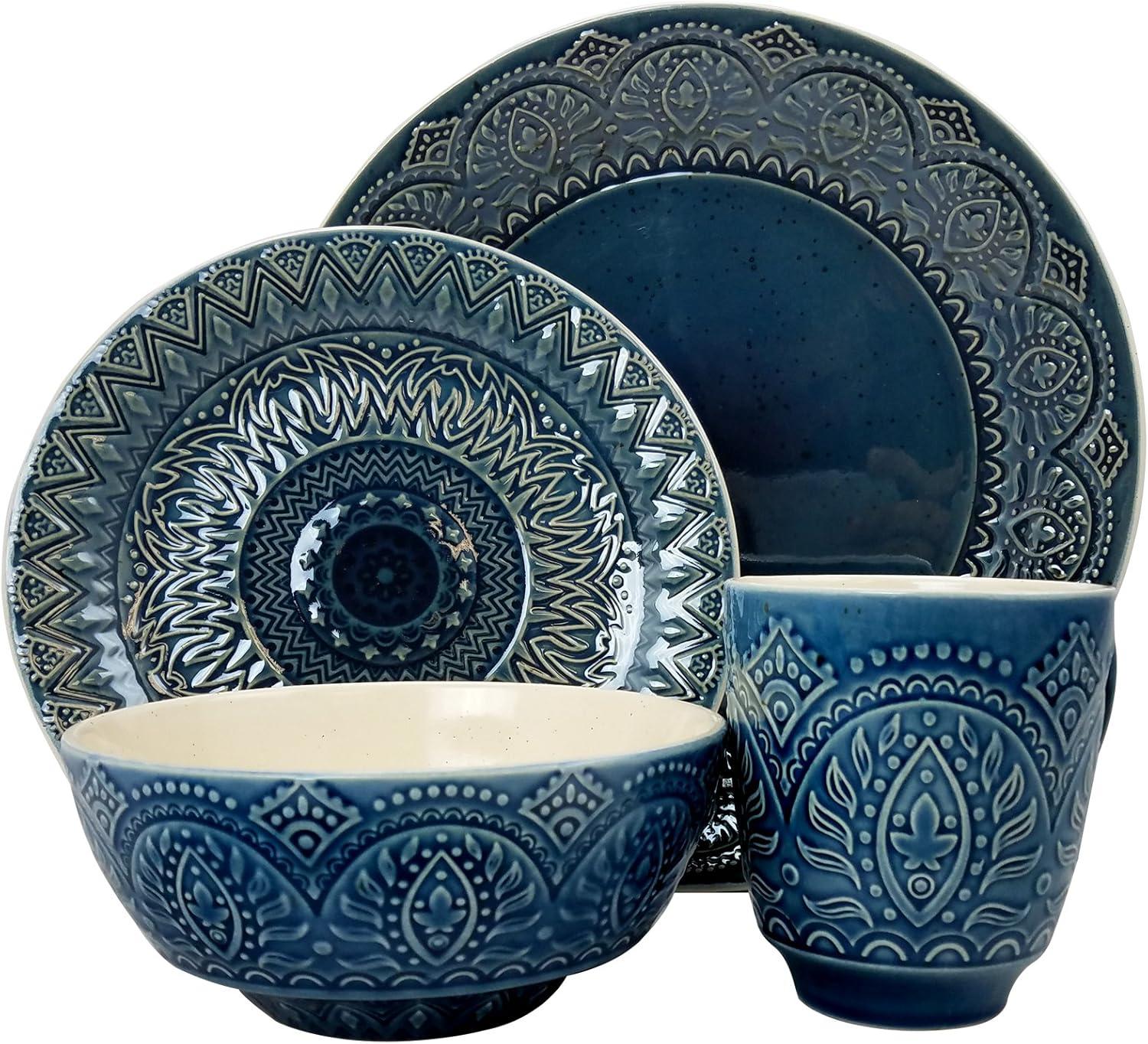 16pc Stoneware Mandala Embossed Dinnerware Set Blue - Elama: Classic Lace Pattern, Service for 4, Microwave & Dishwasher Safe