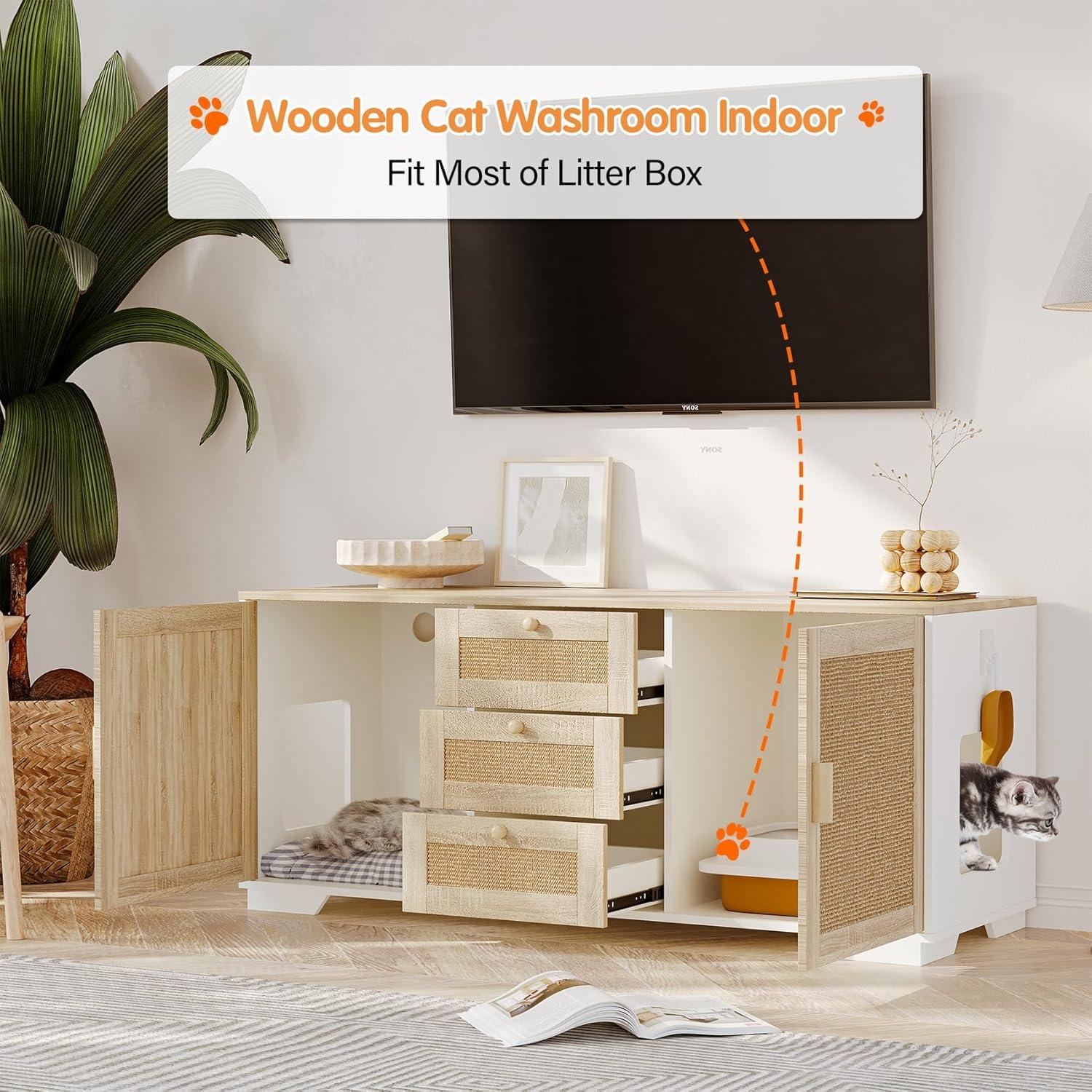 Tucker Murphy Pet™ Cat Litter Box Enclosure Indoor Wood Cat Furniture Cabinet With Scratching Pad Doors And 3 Drawer, 55”X20”X24”H