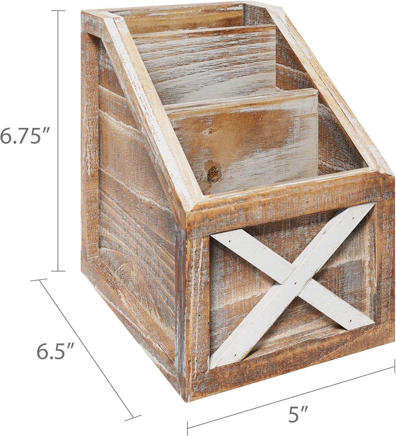 Barnyard Designs Rustic Vintage Wooden Desk Organizer Remotes Caddy Tabletop Desktop Office Supplies Desk Accessories Holder, 6.75" x 6.5” (White/Brown)