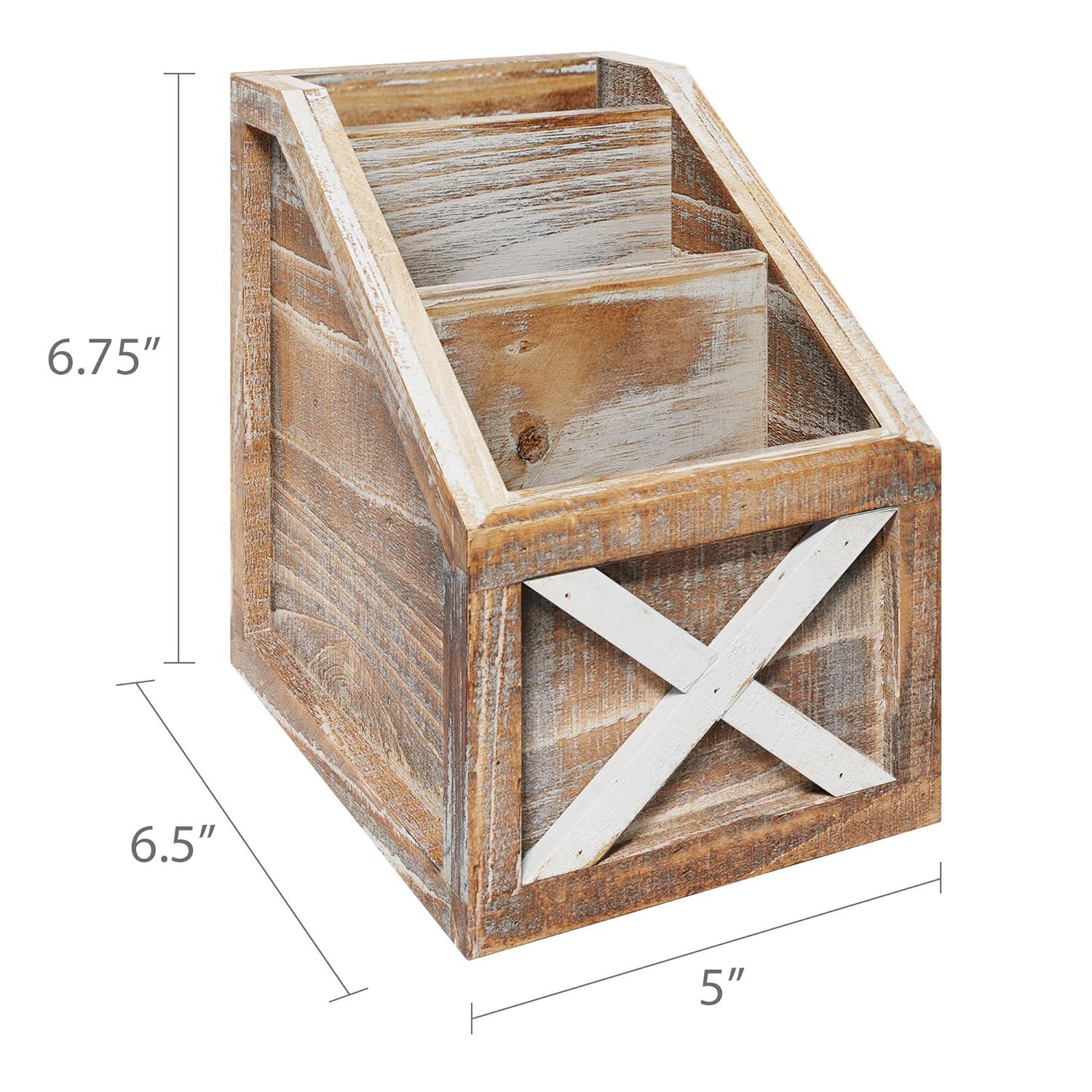 Barnyard Designs Rustic Vintage Wooden Desk Organizer Remotes Caddy Tabletop Desktop Office Supplies Desk Accessories Holder, 6.75" x 6.5” (White/Brown)
