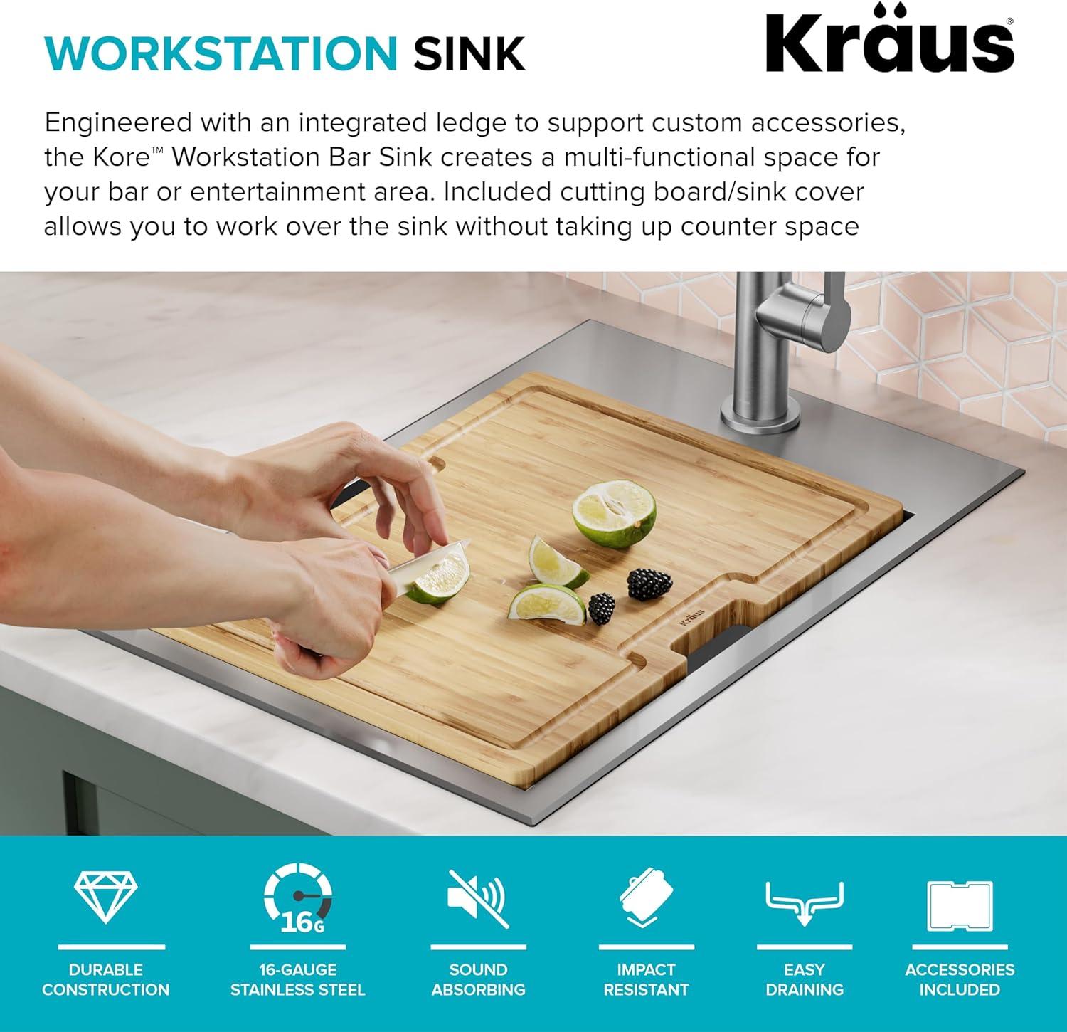 Kraus KWT311-15 KRAUS® Kore 15" Drop In / Top Mount Workstation 16 Gauge Single Bowl Stainless Steel Bar Kitchen Sink with Accessories