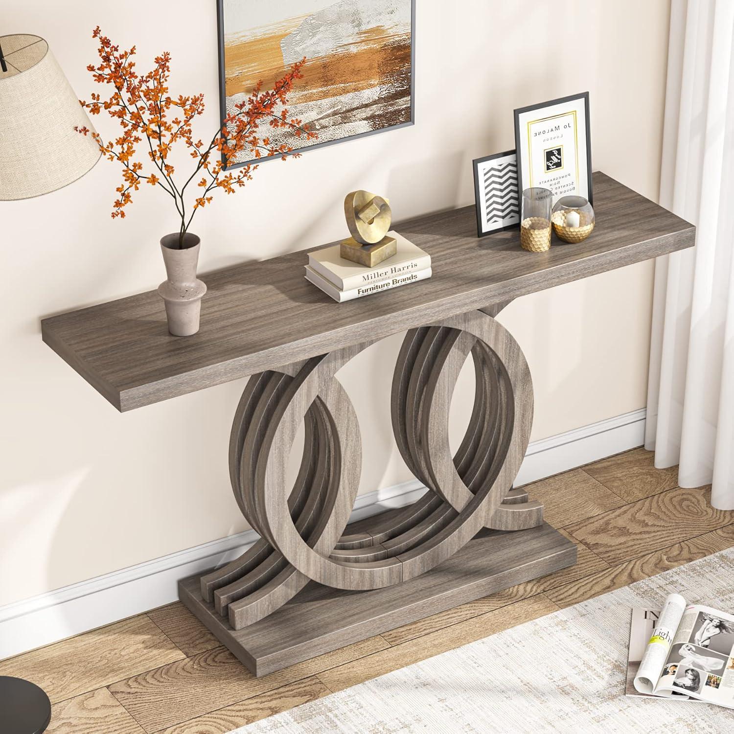 Gray 55" Geometric Base Wooden Console Table with Storage