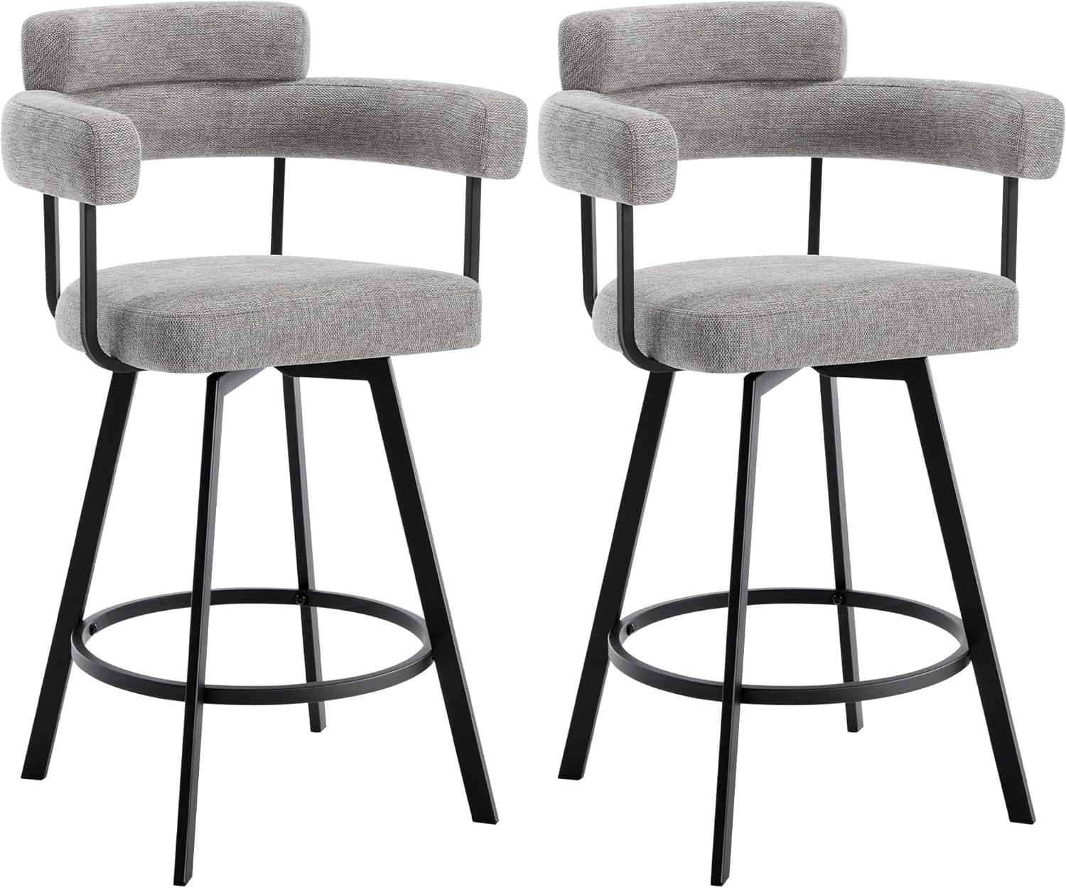 Rabassa Swivel Upholstered 26" Linen Counter Stool with Curved Wing Back and Metal Frame