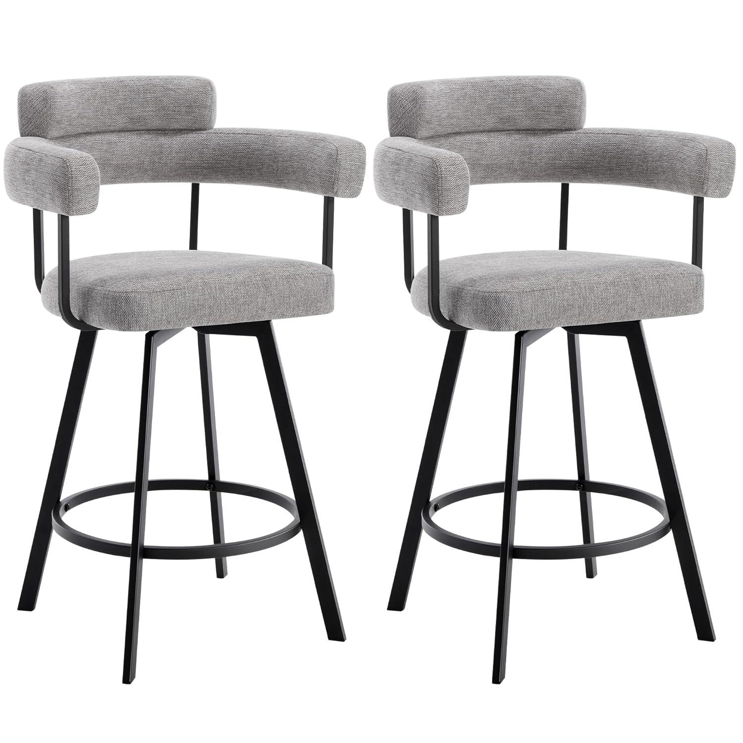 Rabassa Swivel Upholstered 26" Linen Counter Stool with Curved Wing Back and Metal Frame