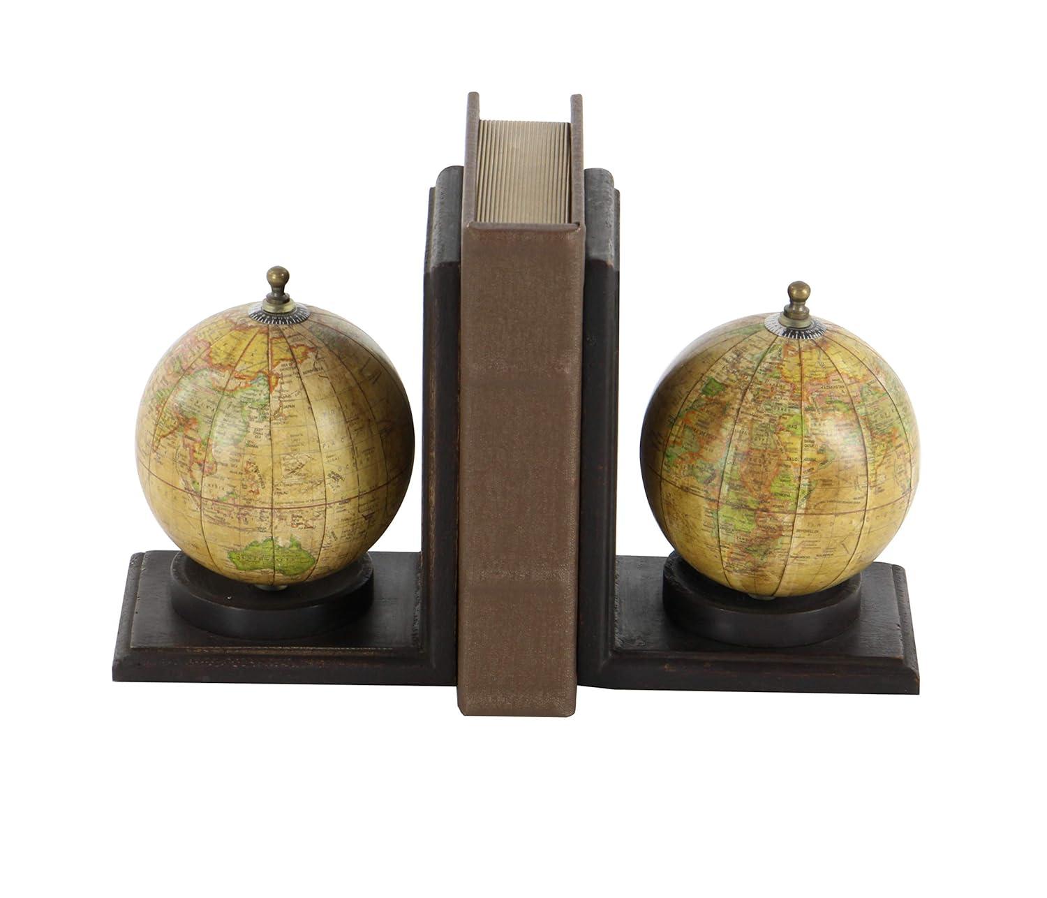 DecMode 6" Globe World Map Brown Wood Bookends (Set of 2)
