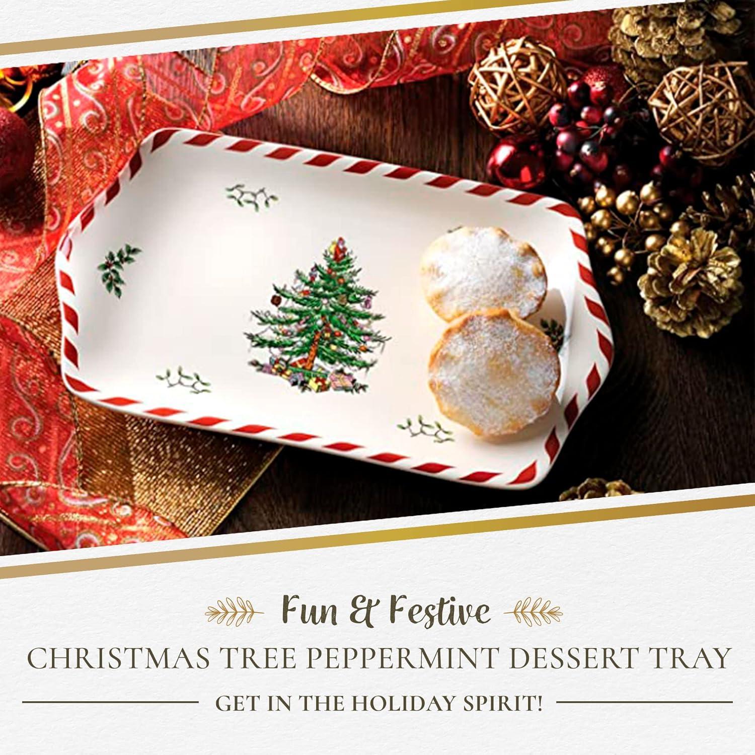 Festive Peppermint Christmas Tree 12-inch Porcelain Dessert Tray