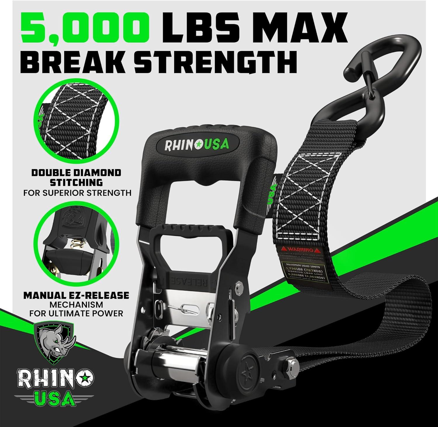 Rhino USA 1.6" x 15' Ratchet Strap Heavy Duty Kit w/ Safety S Hooks - 5,208lb Break Strength (Black 4pc)