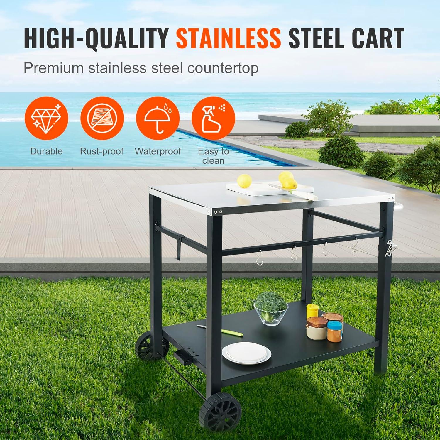 VEVOR Outdoor Grill Dining Cart with Double-Shelf, BBQ Movable Food Prep Table, Multifunctional Foldable Iron Table Top, Portable Modular Carts