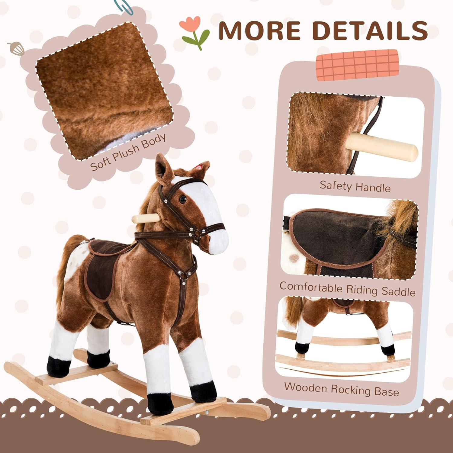 Qaba Kids Plush Toy Rocking Horse Ride on with Realistic Sounds -  Brown