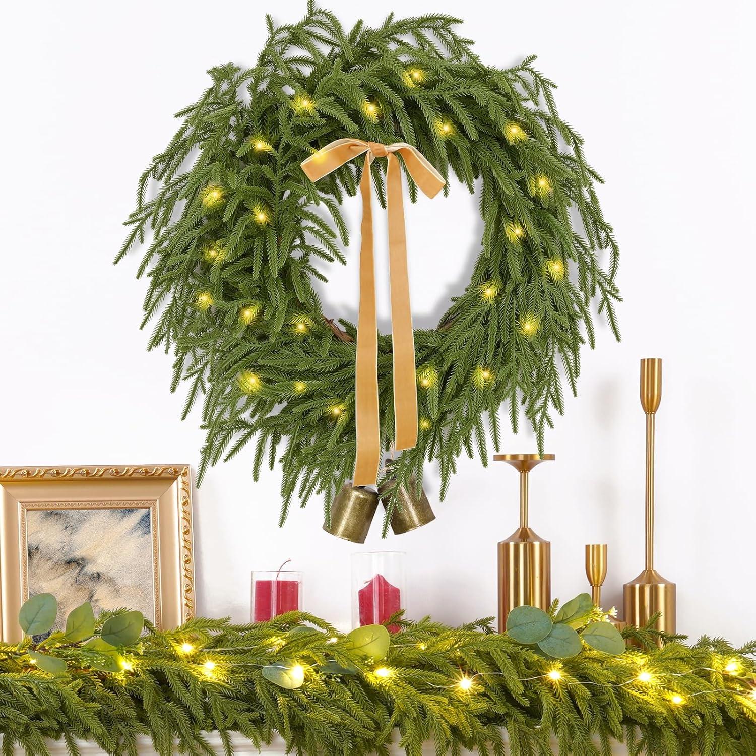 24-Inch Artificial Pine Christmas Wreath with Lights and Ribbon