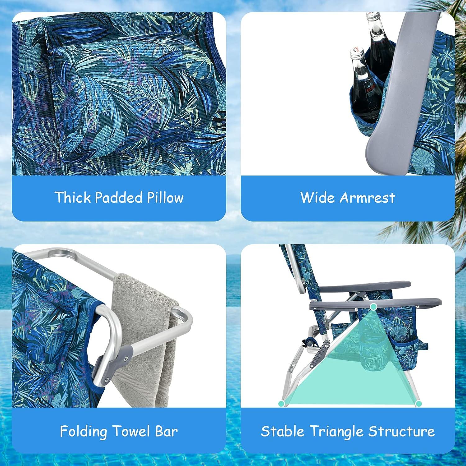 Topcobe 2-Pack Folding Backpack Beach Chair 5-Position Outdoor Reclining Chairs with Pillow, Foldable Outdoor Patio Chair for Deck, Backyard, Navy