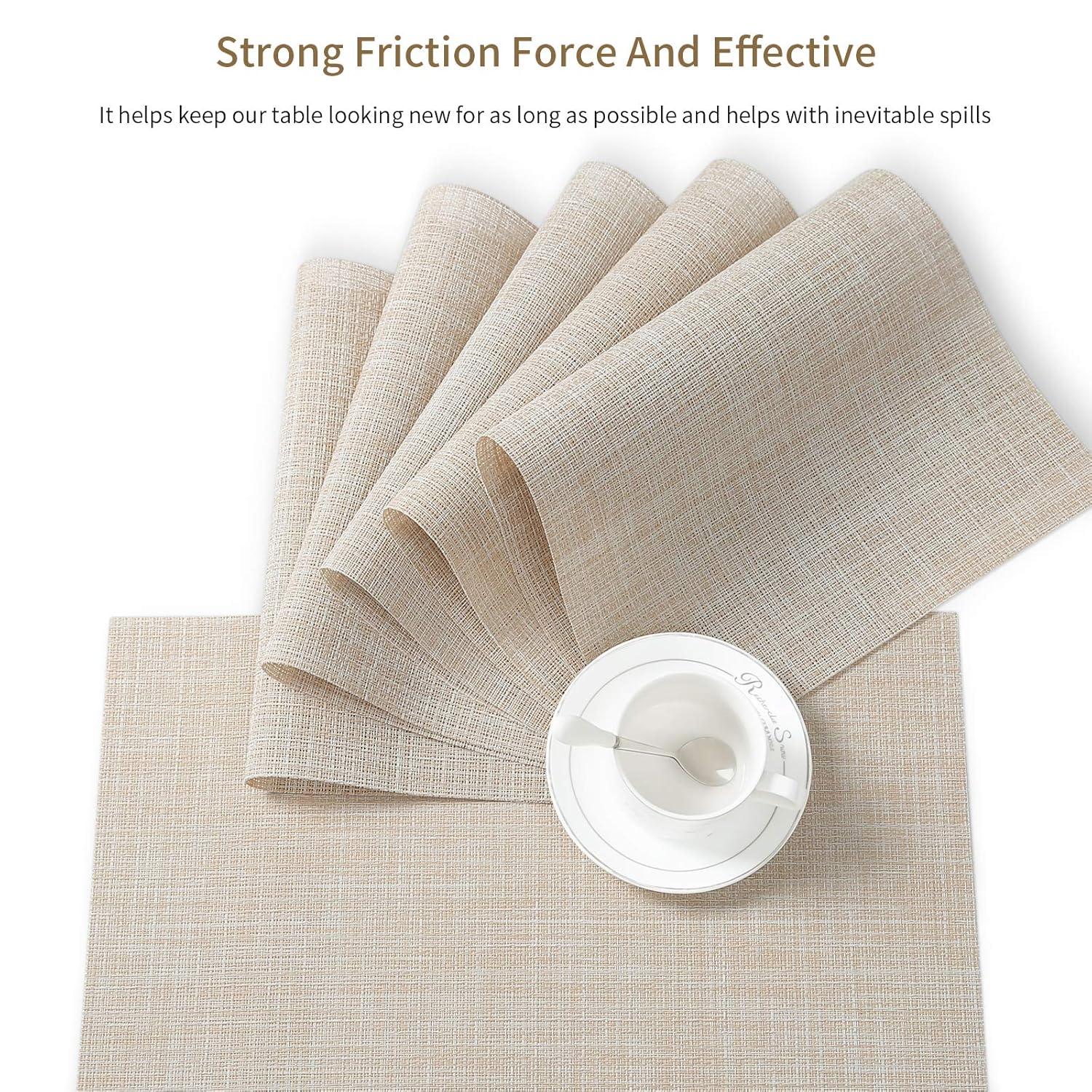Set of 8 Heat-Resistant Placemats Stain Resistant Anti-Skid Placemats for Kitchen Table, Washable Durable PVC Table Mats Woven Vinyl Placemats Beige