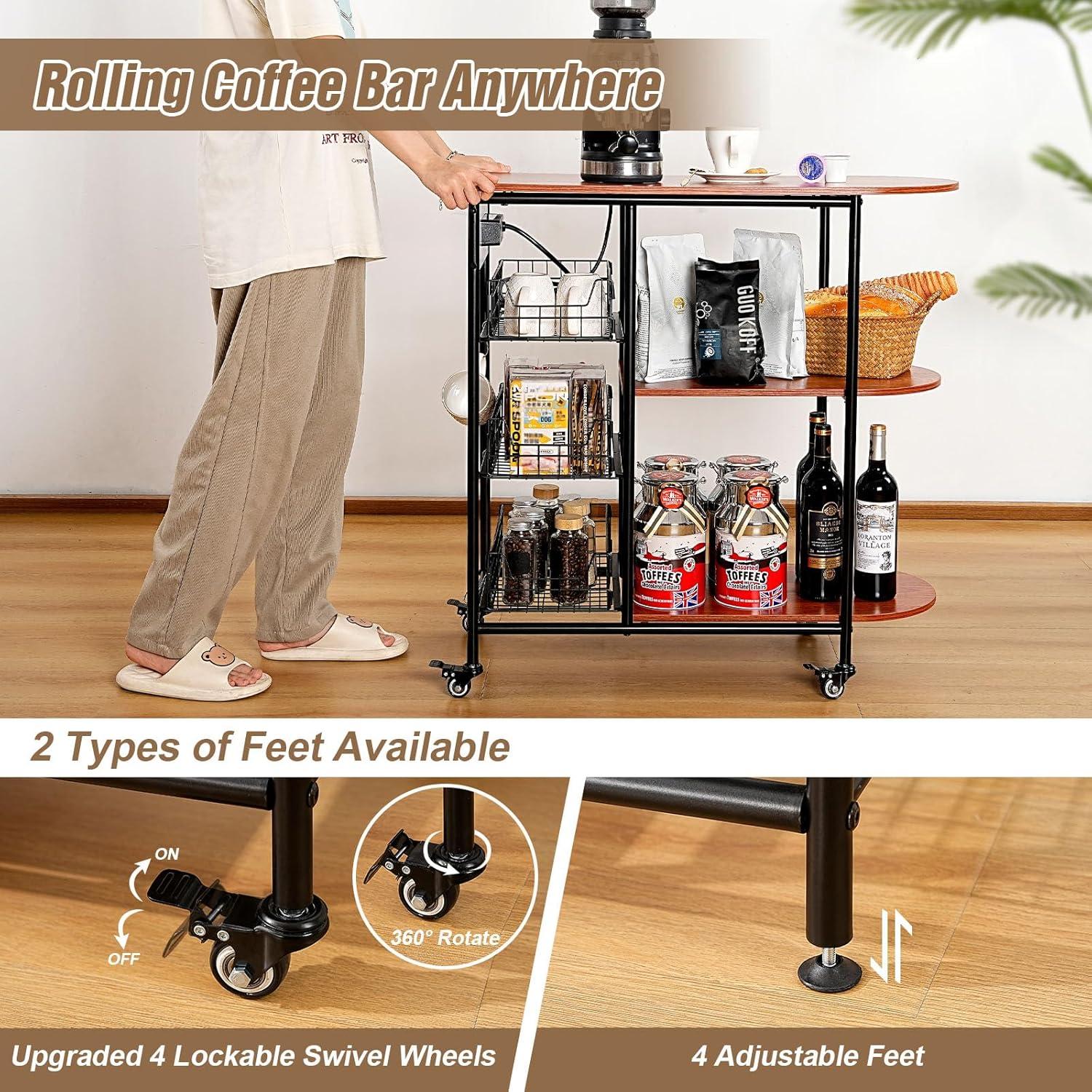Kitchen Bakers Rack with Power Outlet, Microwave Stand with 3 Pull-Out Fruit Basket Storage, Coffee Bar Carts Table on 4 Wheels, 6 S-Hook Storage Shelf for Spice Rack Organizer Workstation, 33.9 inch