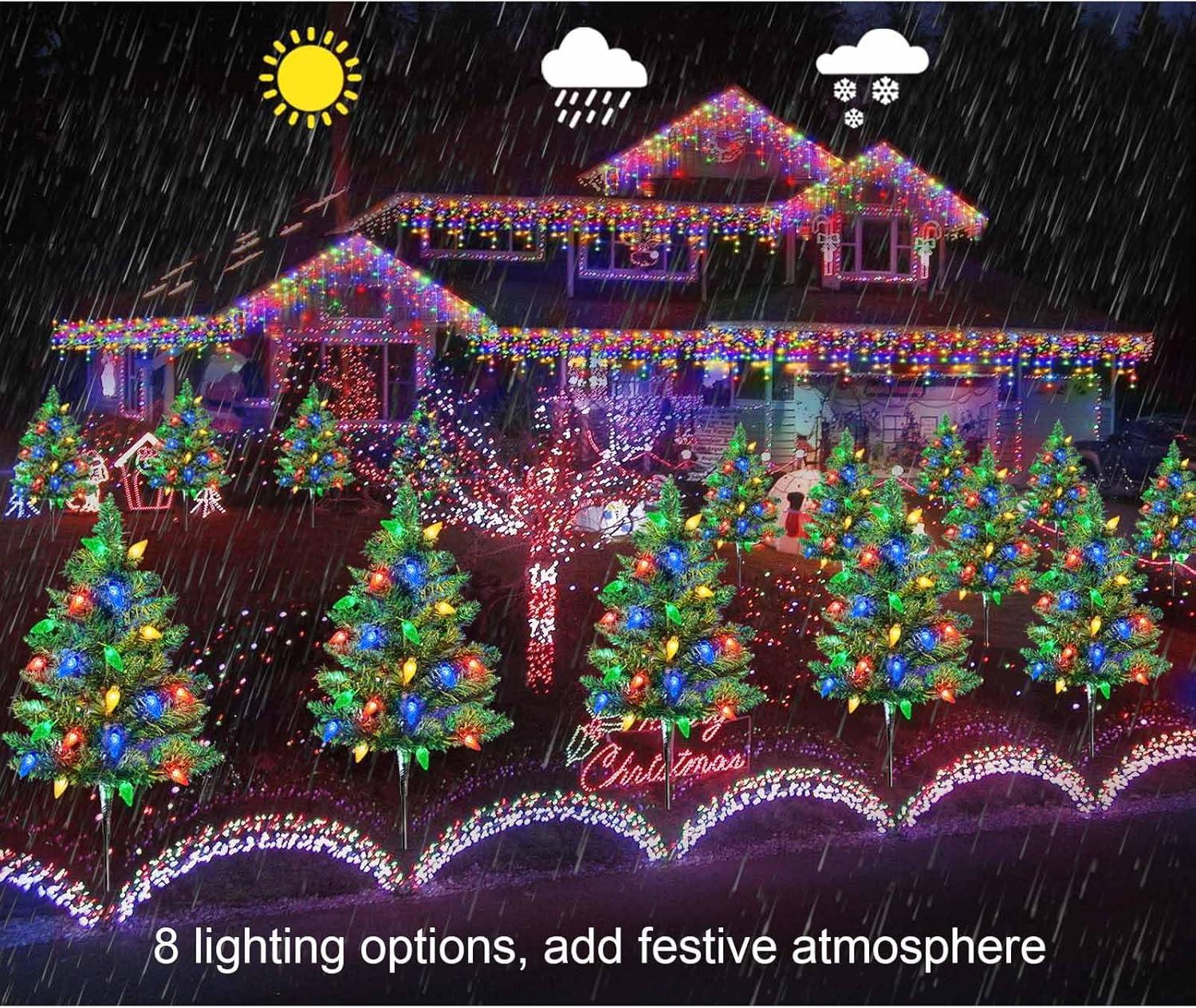 Homeleo 4 Set Solar Christmas Tree w/ 80pcs C6 LED Christmas Lights for Outdoor Christmas Decorations,Solar Powered Prelit Small Christmas Tree for Holiday Outside Pathway Garden Yard Decor C42