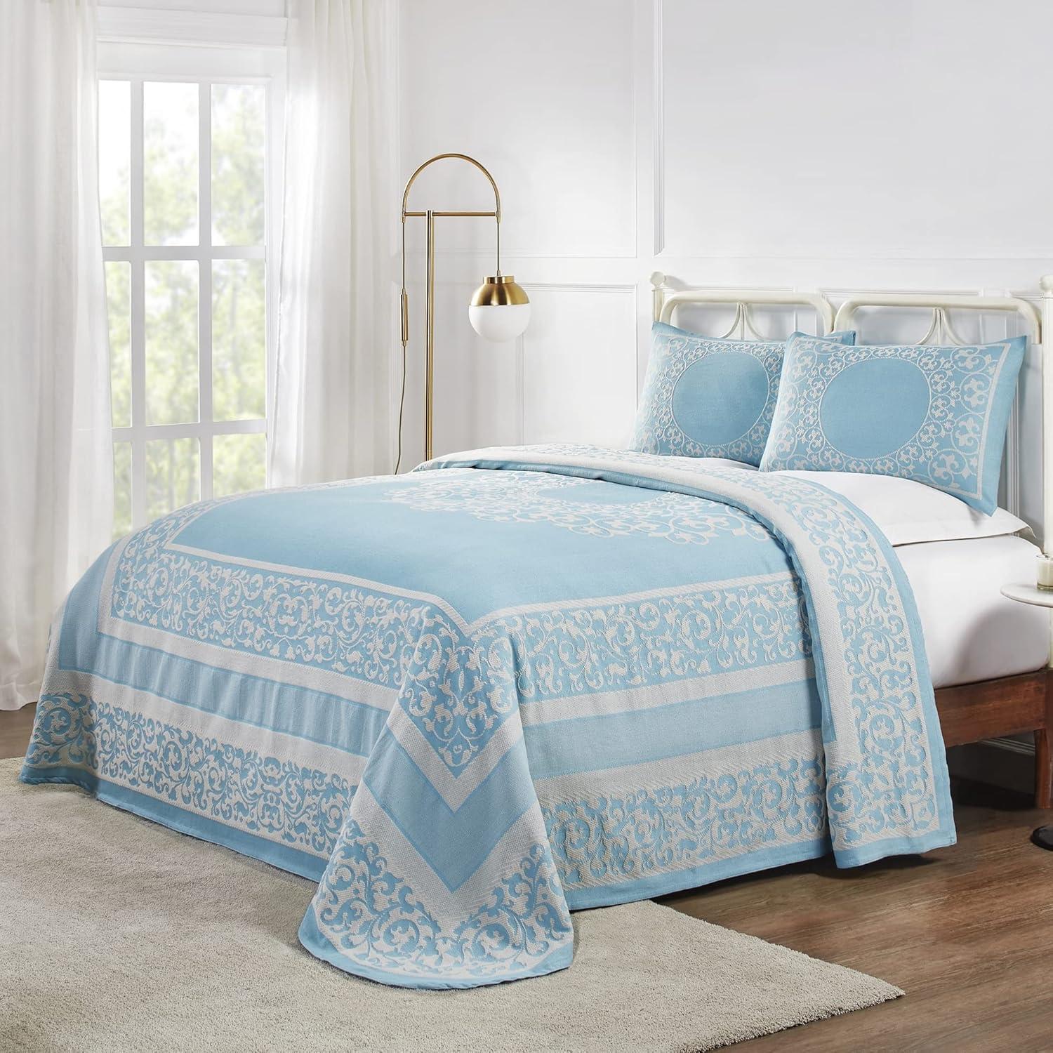 Aqua Cotton Blend Jacquard Full Bedspread Set