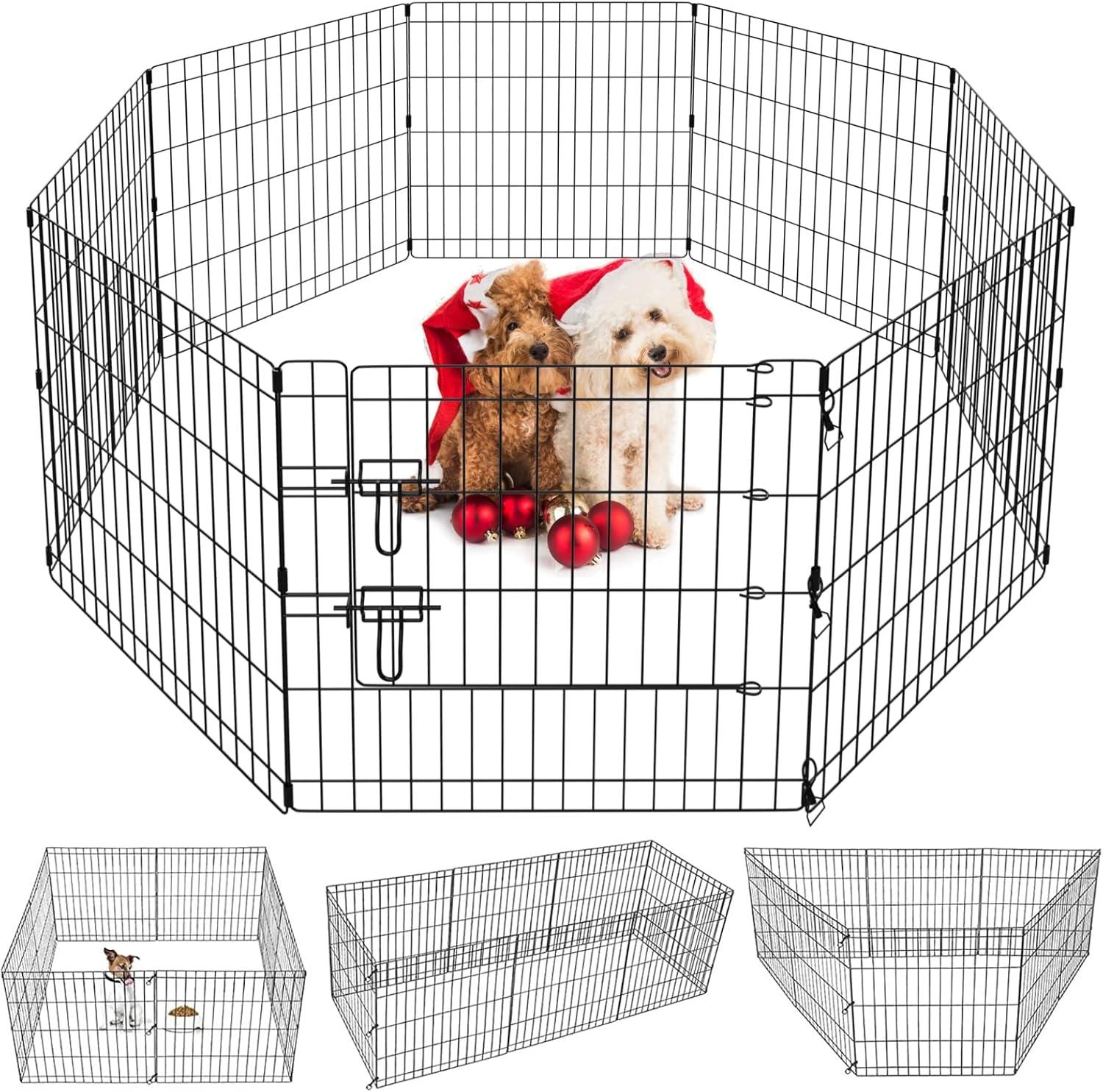 Artmalle Puppy Pet Playpen 8 Panel 24 Inch Indoor Outdoor Metal Portable Folding Animal Exercise Dog Fence Ideal for Pet Animals Dog Cat Rabbit Breed Puppy with Top Cover (Black with Top Cover)