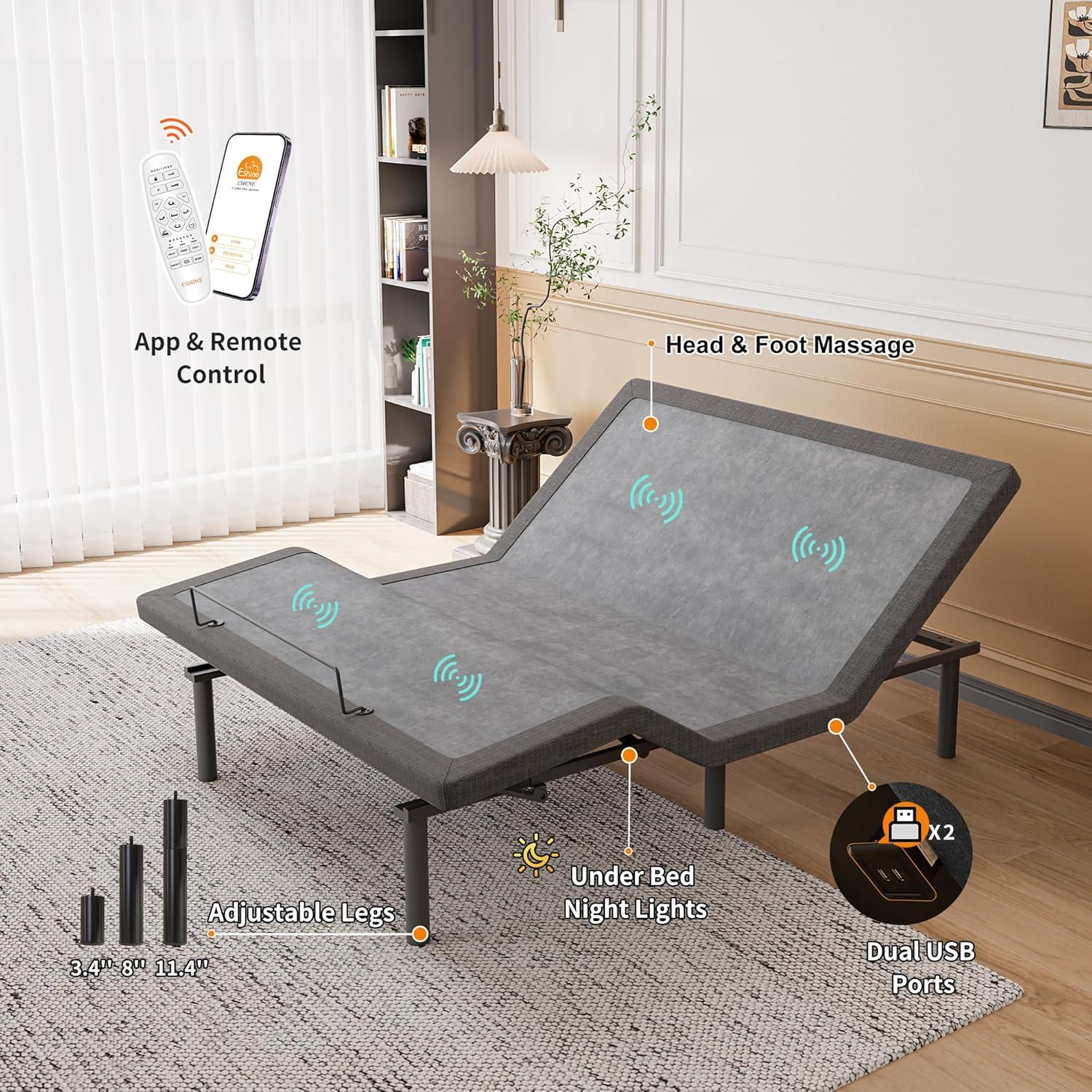 E3100 Zero Gravity Adjustable Bed, Massage, Wireless Remote & App Control, 14'' Ultra-Plush Black Mattress Included