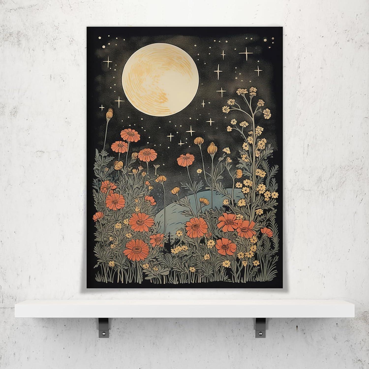 Celestial Star Canvas Wall Art，Vintage Poster，Dark Aesthetic Moon Stars and Flowers Decor, Prints Goth Room Picture Witchy Gothic Wall Decor for Living Room Bedroom 12 x 16 in Unframed