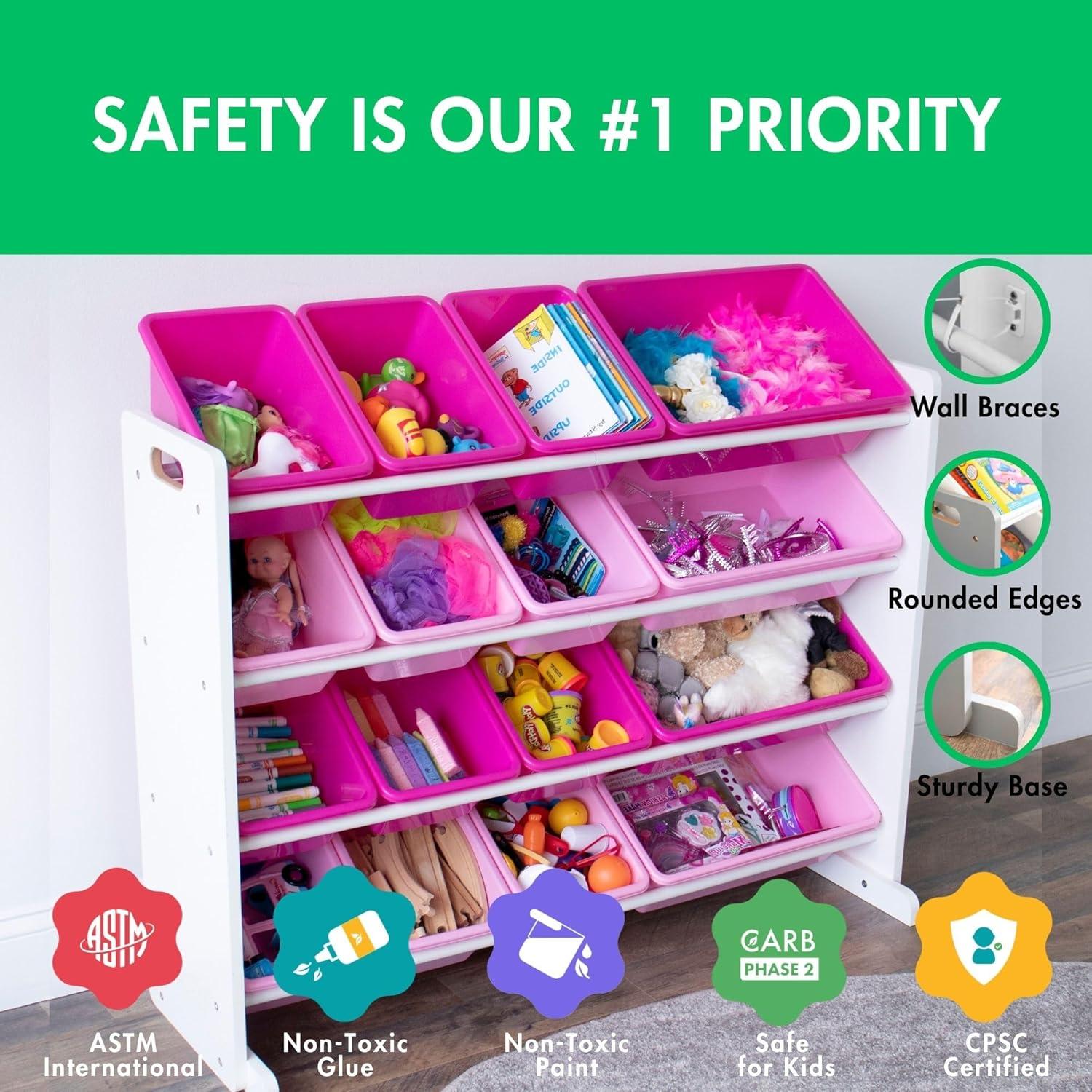 Humble Crew Molly Supersized Toy Storage Organizer with 16 Plastic Storage Bins, White/Pink