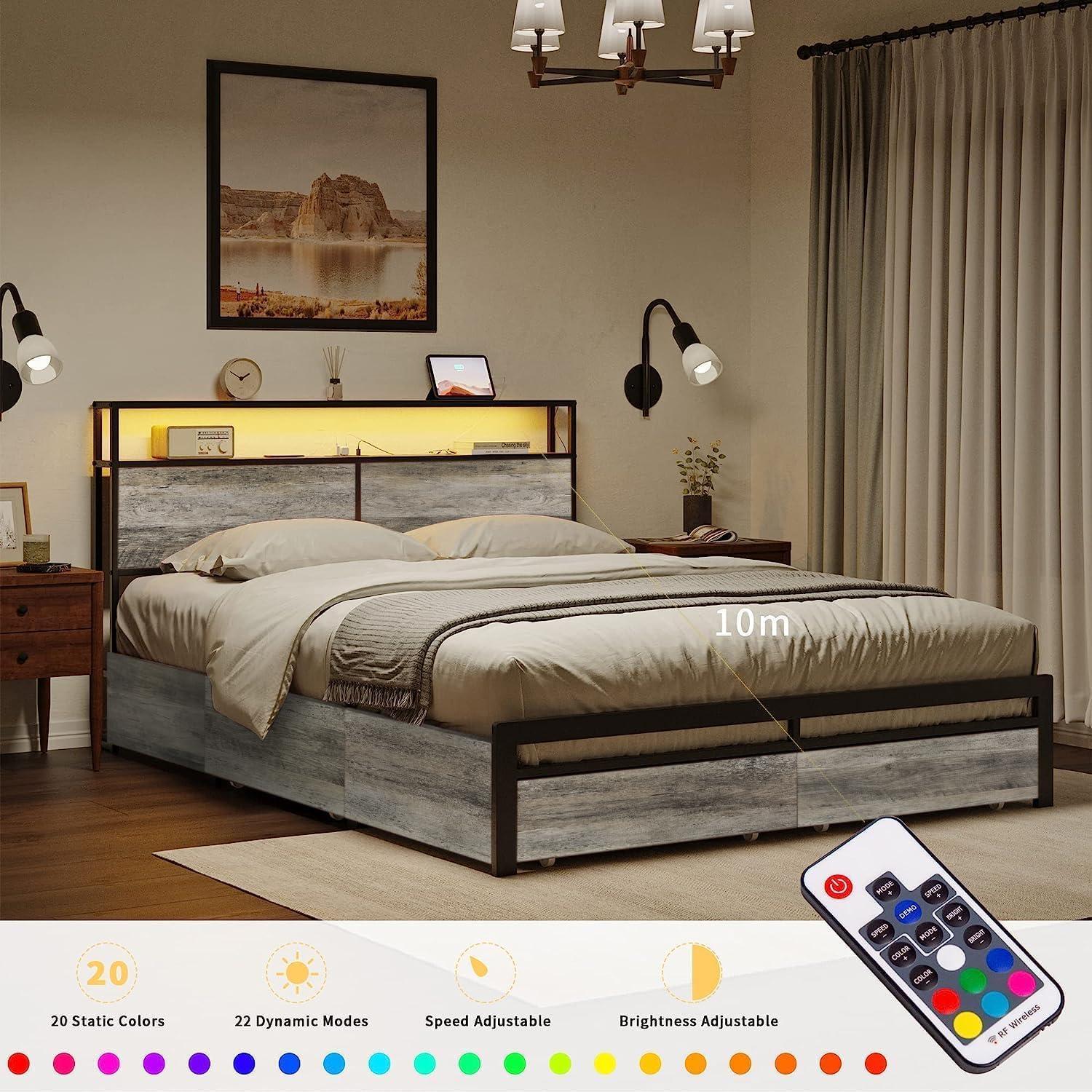 Full Size Gray Metal Bed Frame with LED Headboard and Storage Drawers