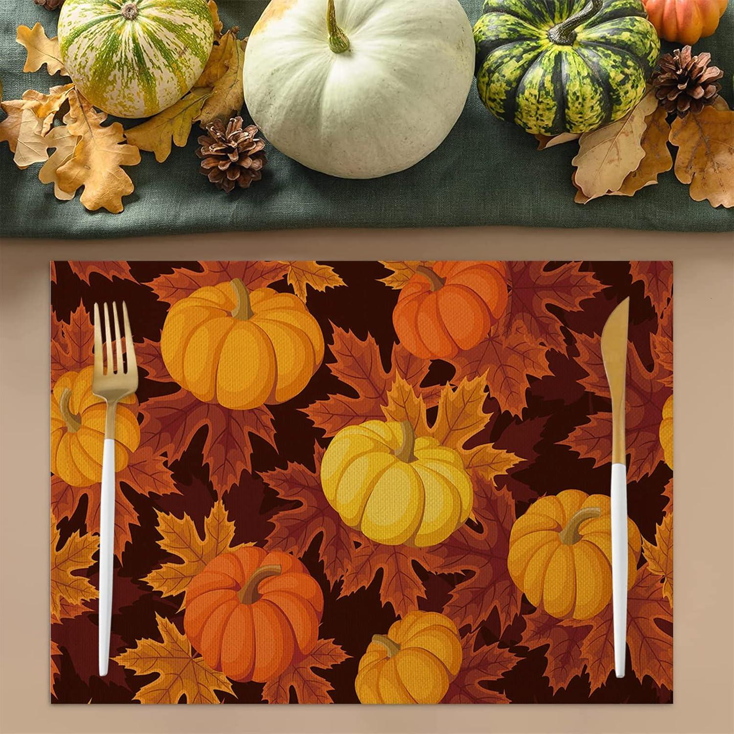 Thanksgiving Placemats Set of 6,Cotton Linen Heat Resistant Table Mats Washable Farmhouse Harvest Pumpkin Maple Leaves It''s Fall Y''all Placemat for Holiday Banquet Party Dining Kitchen Table Decor