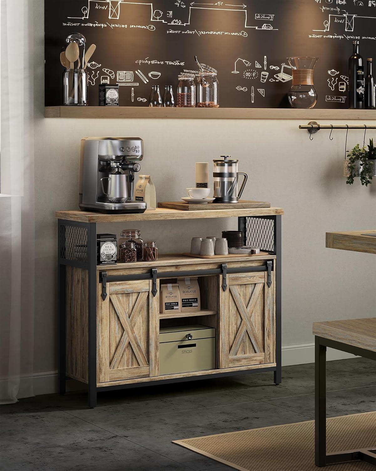 VASAGLE Buffet Cabinet, Storage Cabinet, Sideboard with 2 Sliding Barn Doors, Adjustable Shelves, 13 x 39.4 x 31.5 Inches, for Living Room, Turquoise Brown and Ink Black ULSC092B60