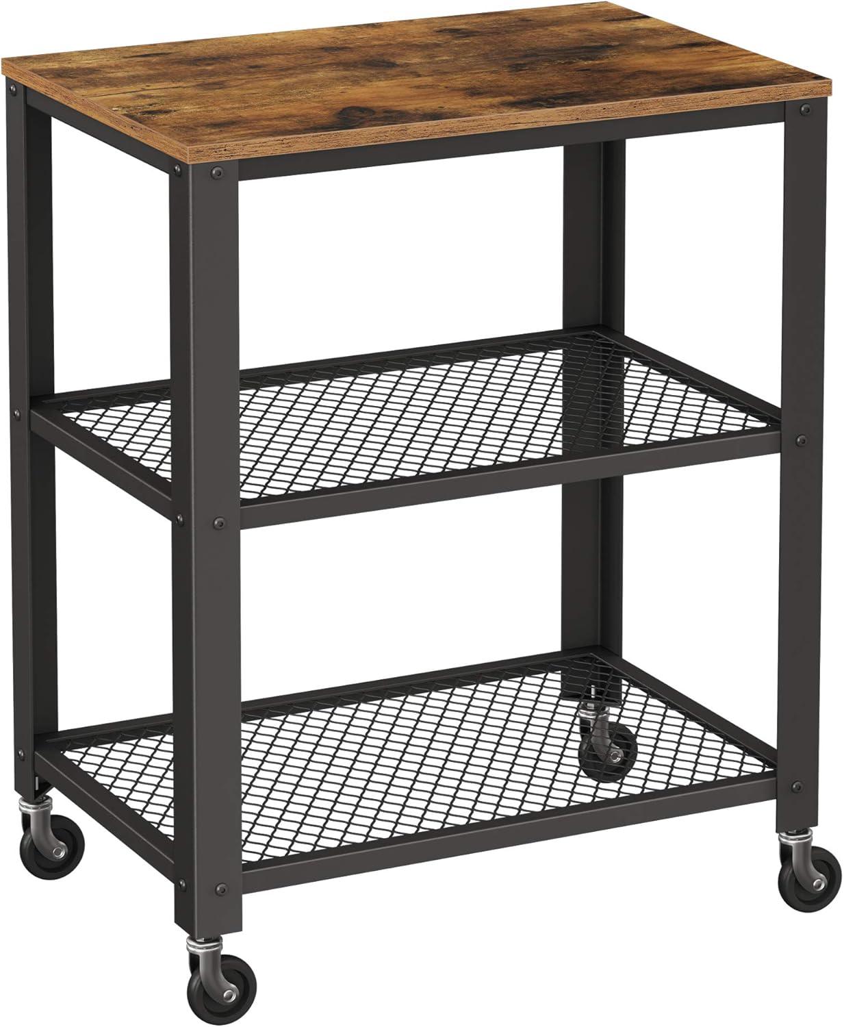 Rustic Brown and Black 3-Tier Industrial Serving Cart with Storage