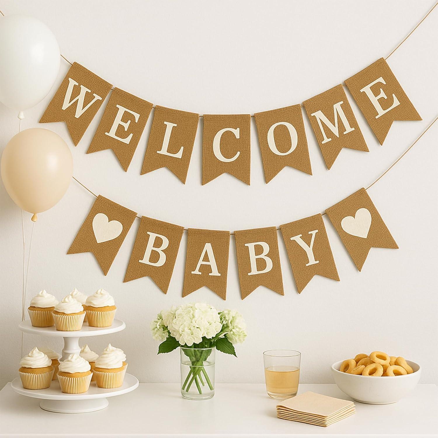 Shimmer Anna Shine Welcome Baby Burlap Banner for Baby Shower Decorations and Gender Reveal Party