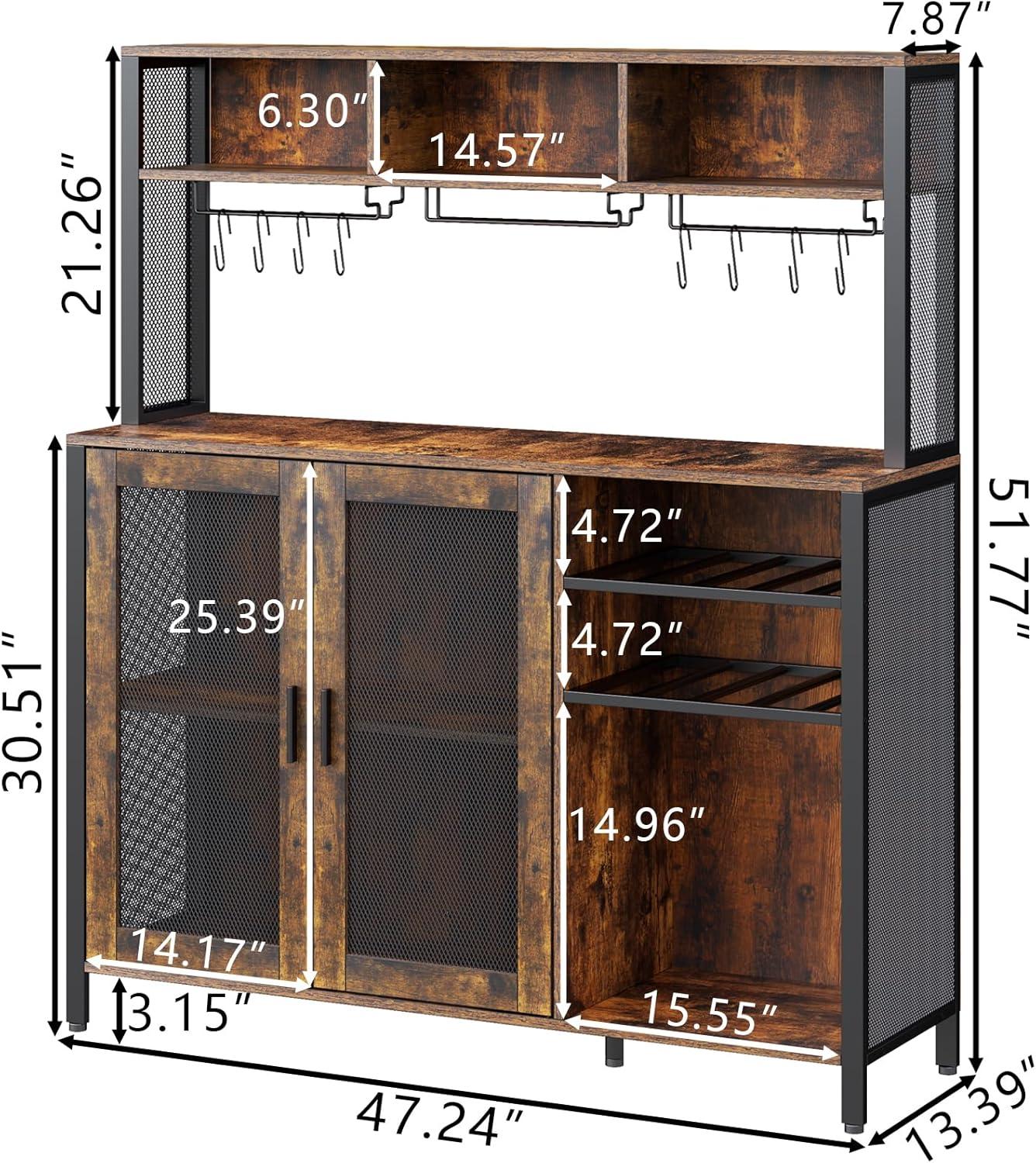 Rustic Brown Industrial Wine Bar Cabinet with LED Lights and Storage