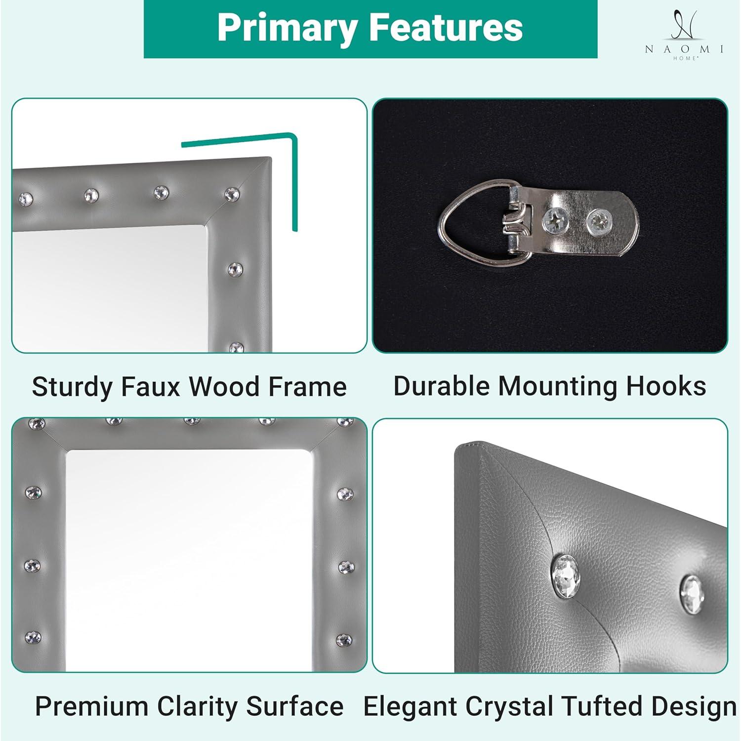 Naomi Home Crystal Tufted Floor Mirror Full Length, 63" LX22 W Wall Mirror, Standing Mirror,Wall Mirror with Faux Wood Frame, Full Length Mirrors for Bedroom - Gray