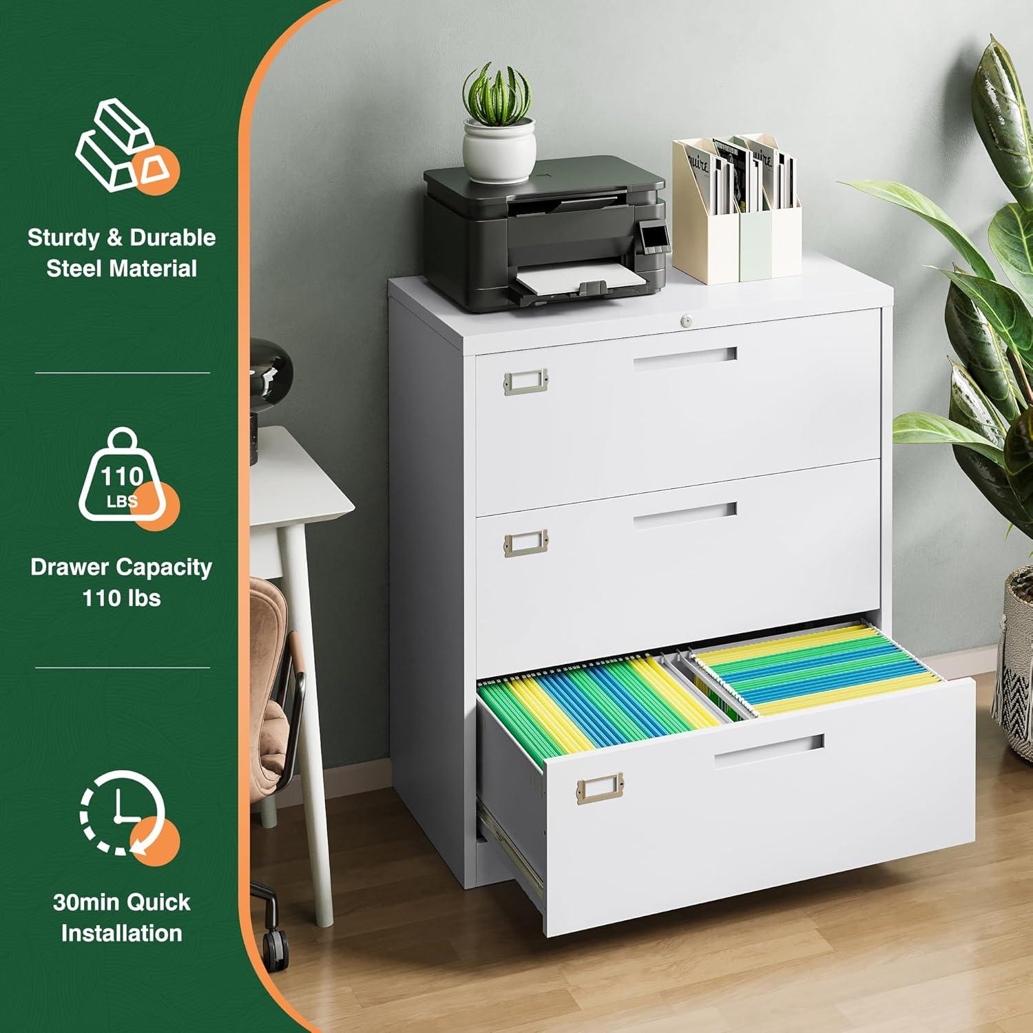 Lateral File Cabinet 3 Drawer,Metal Storage File Cabinet with Lock,Steel Lateral File Cabinet for Legal/Letter A4 Size,Wide File Cabinet for Office Home,Assembly Required