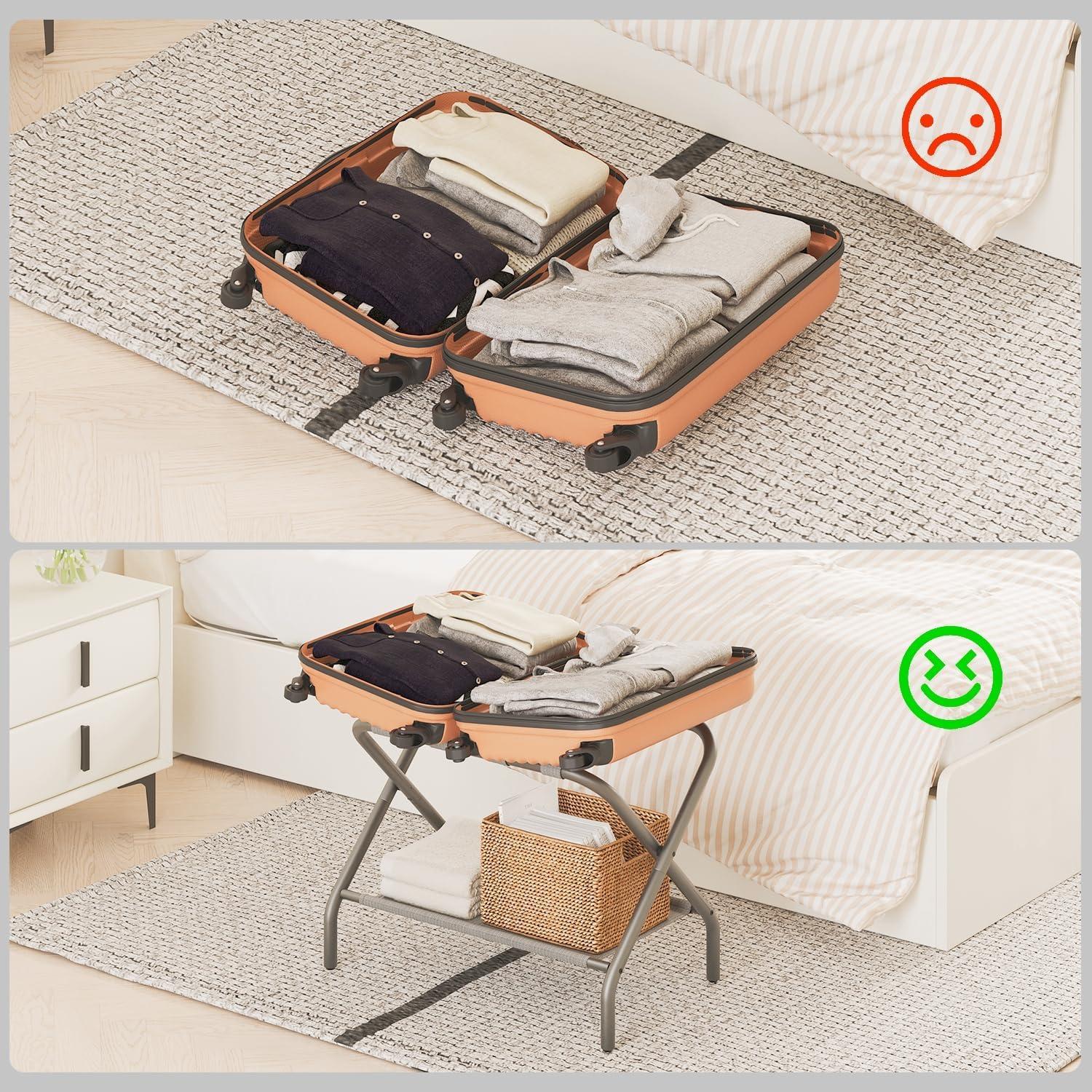 SONGMICS Luggage Rack with Fabric Storage Shelf Suitcasa Stand for Guest Room Bedroom Holds up to 110 lb Set of 2 Gray