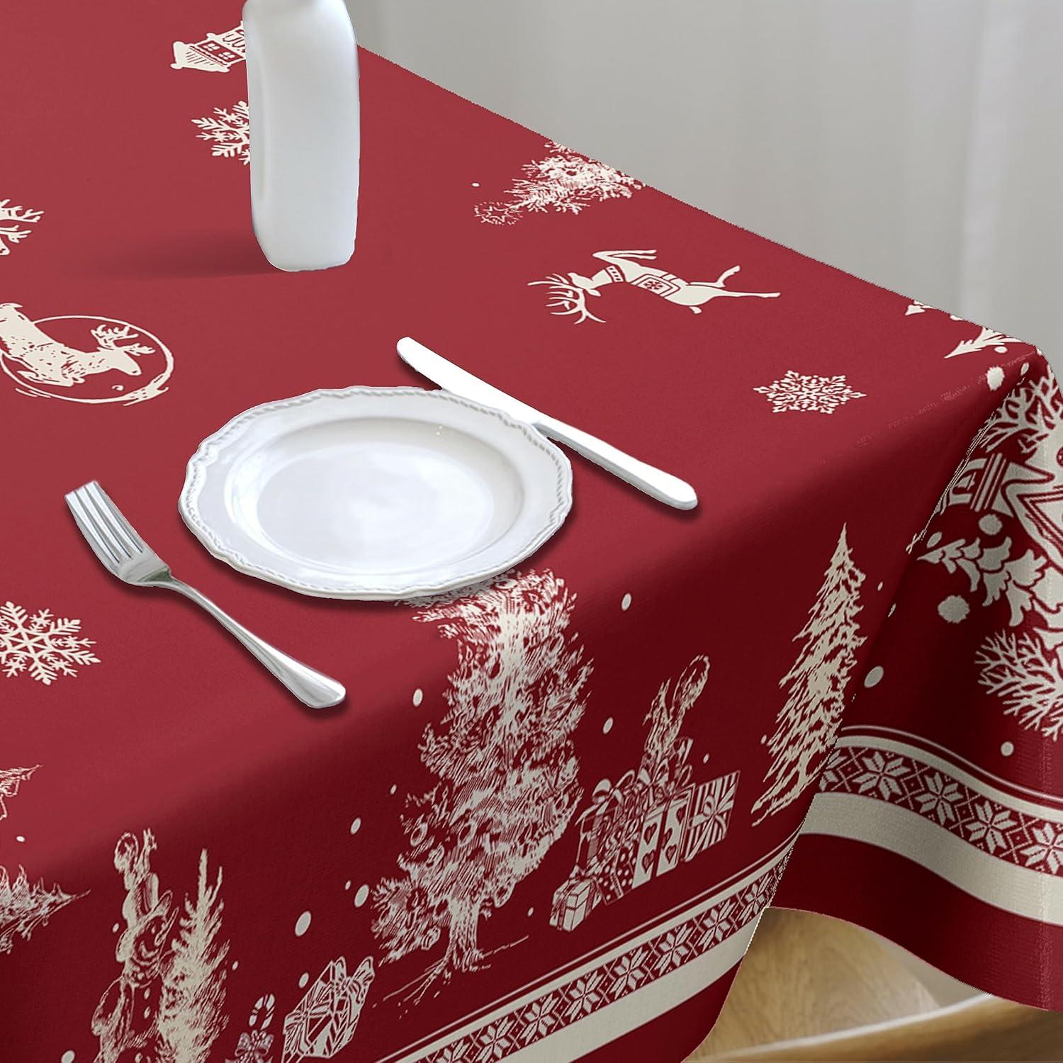 Rectangle Christmas Tablecloth 60x84In,Christmas Tree Elk Santa Snowflake Red Christmas Tablecloth,Polyester Waterproof Wrinkle Resistant Durable Table cloth for Holiday,Kitchen,Winter and Home Decor