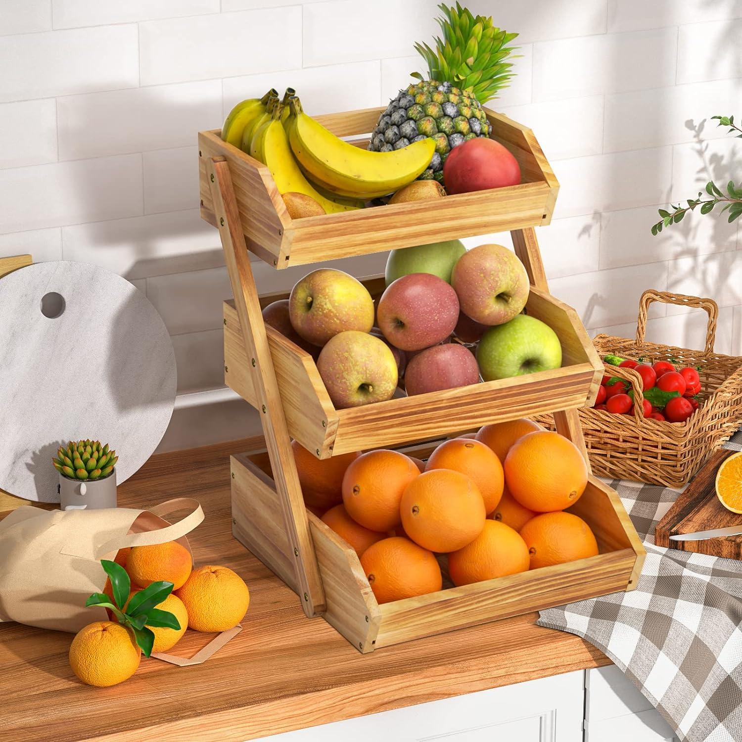 3 Tier Wooden Fruit Basket For Kitchen, Bread Vegetable Fruit Basket Bowl Stand, Farmhouse Fruit Bowl for Countertop, Large