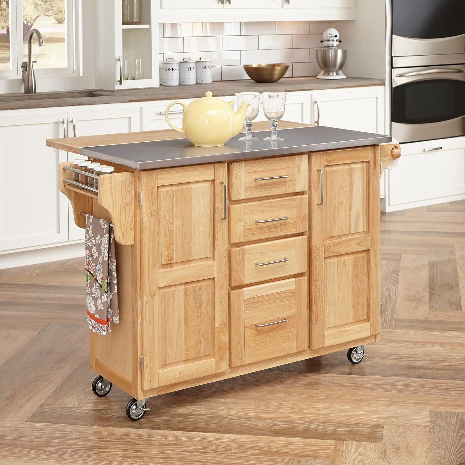 Breakfast Bar Kitchen Cart Natural with Stainless Steel Top - Home Styles: Rolling Island, Storage, Modern Design