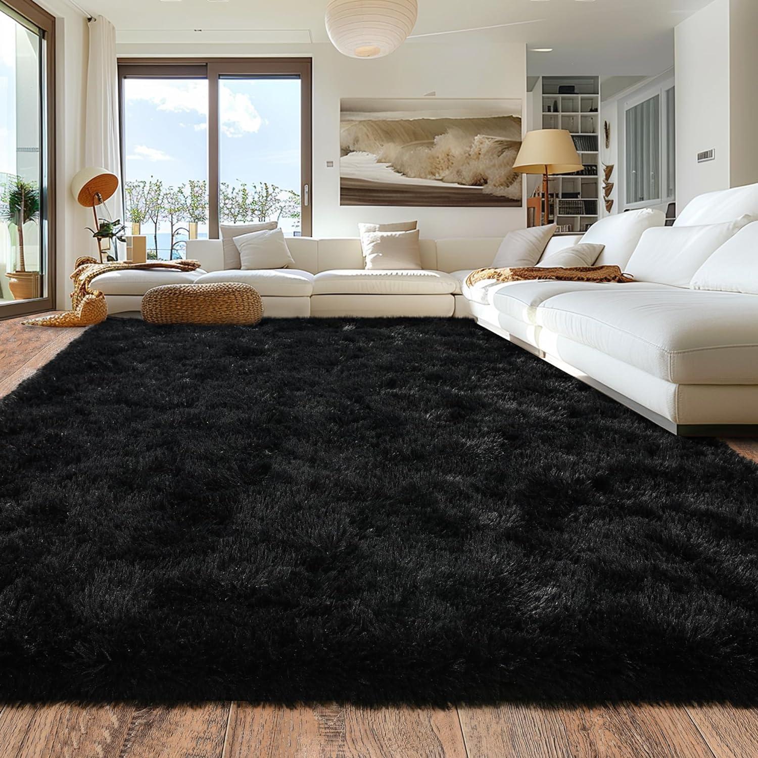 Fluffy Area Rug, Modern Abstract Fluffy Area Rug Indoor Soft Area Rug Faux Area Rug for Bedroom Living Room,Black,8' x 10'