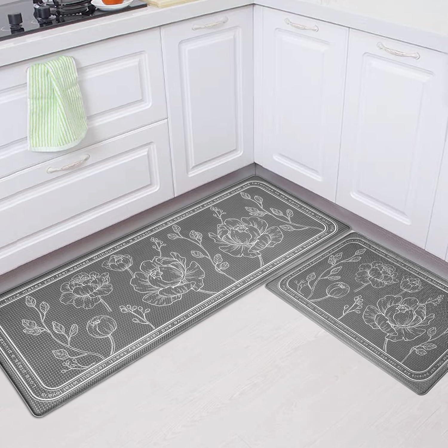 Kitchen Rug Set of 2,  Gray 17"x59"+17"x29", Non-Slip Waterproof  Kitchen Floor Mat, Cushioned Anti Fatigue Kitchen Mat