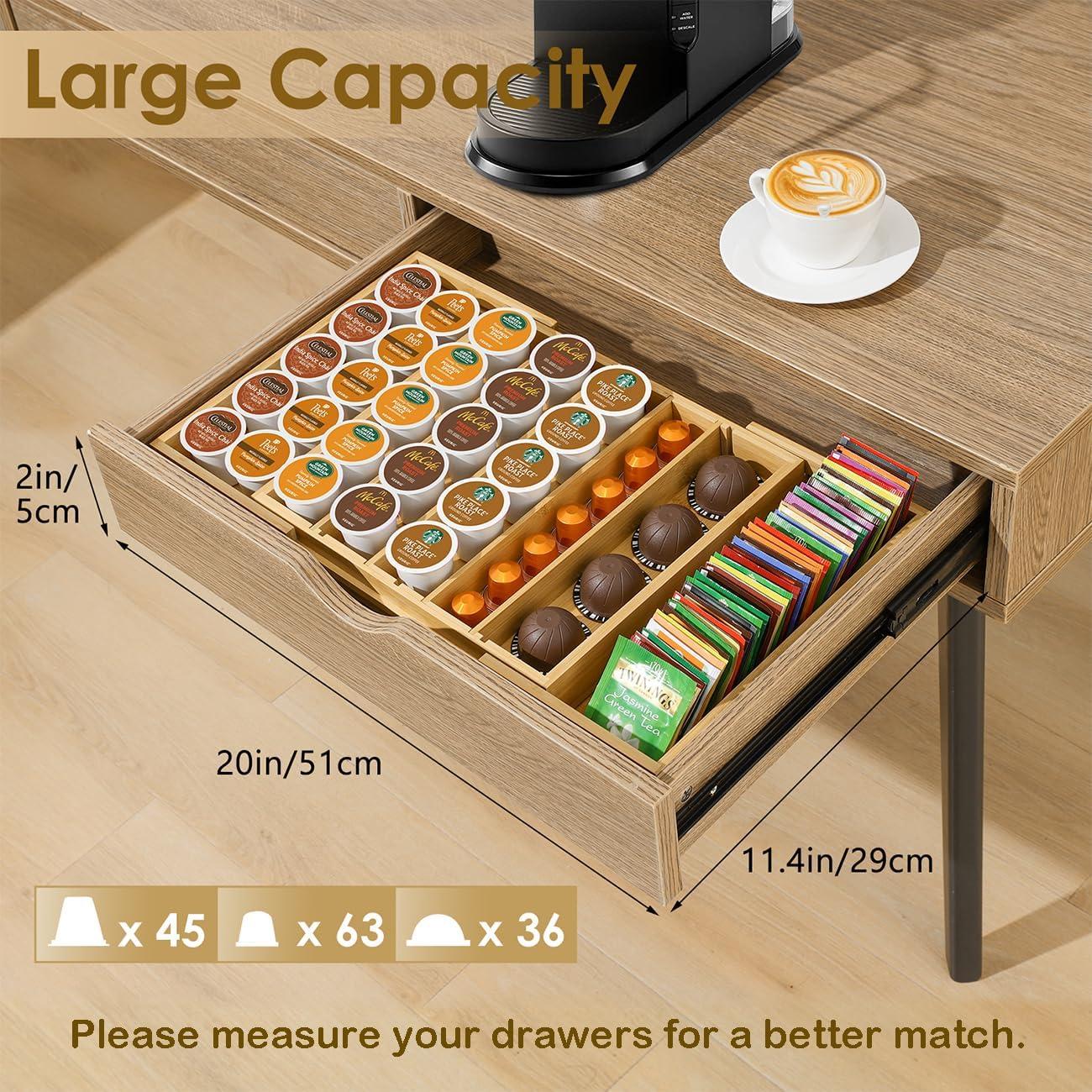 Coffee Pod Holder Drawer, Bamboo K Cup Holder Compatible with Nespresso Vertuo Capsules, 25-45 K Cup Drawer Organizer for Coffee Station Home Office and Kitchen (Bamboo)