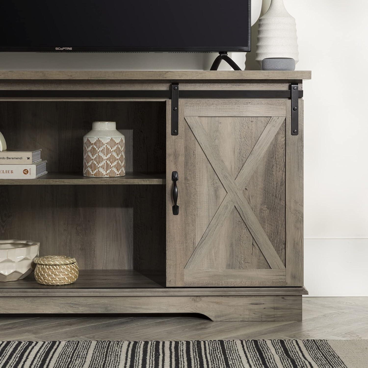 58" Modern Farmhouse Wood TV Stand with Sliding Barn Doors - Solid White Oak