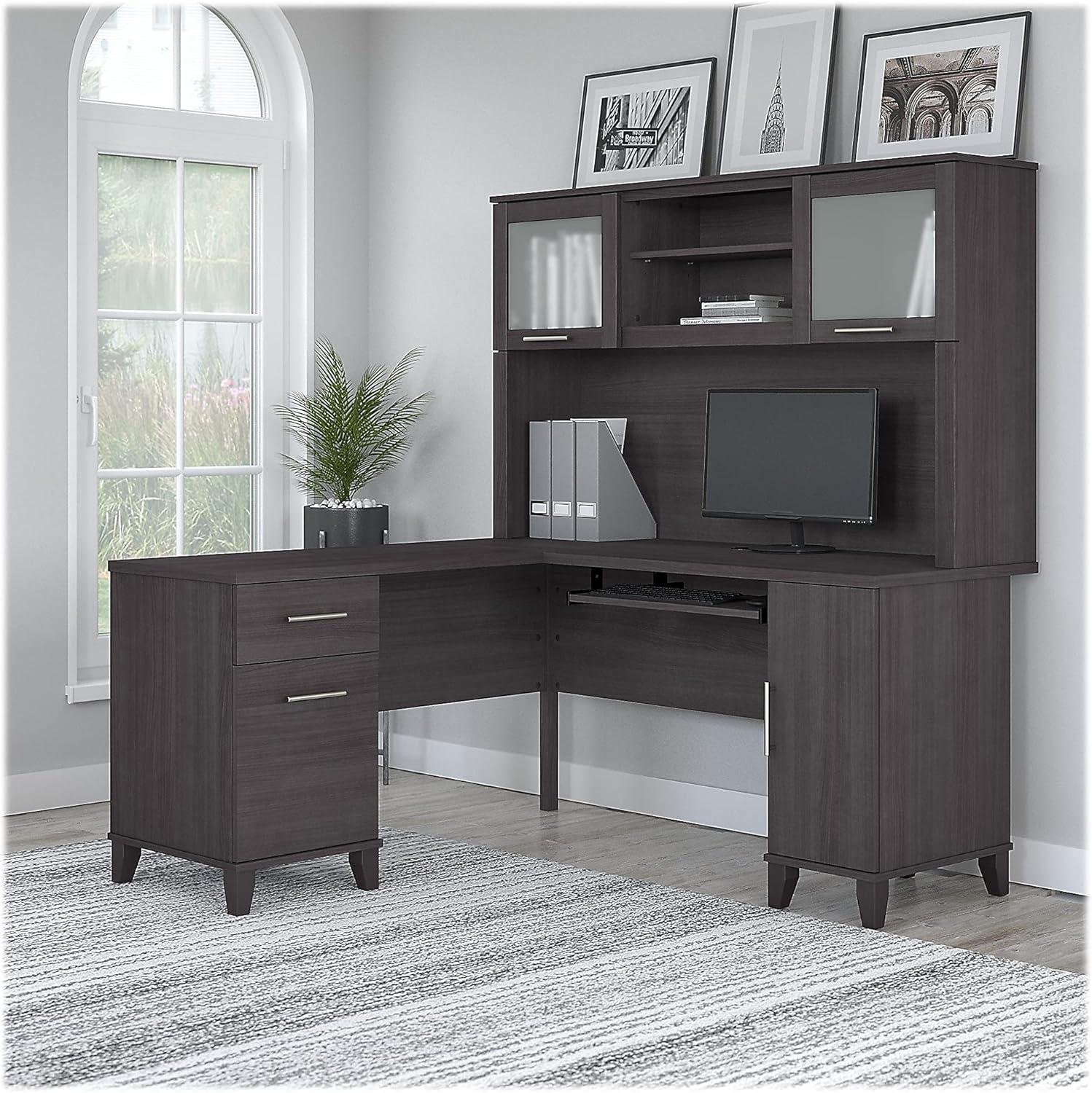 Bush Furniture Somerset 60 in L Desk with Hutch, Keyboard Tray, File and Storage in Storm Gray
